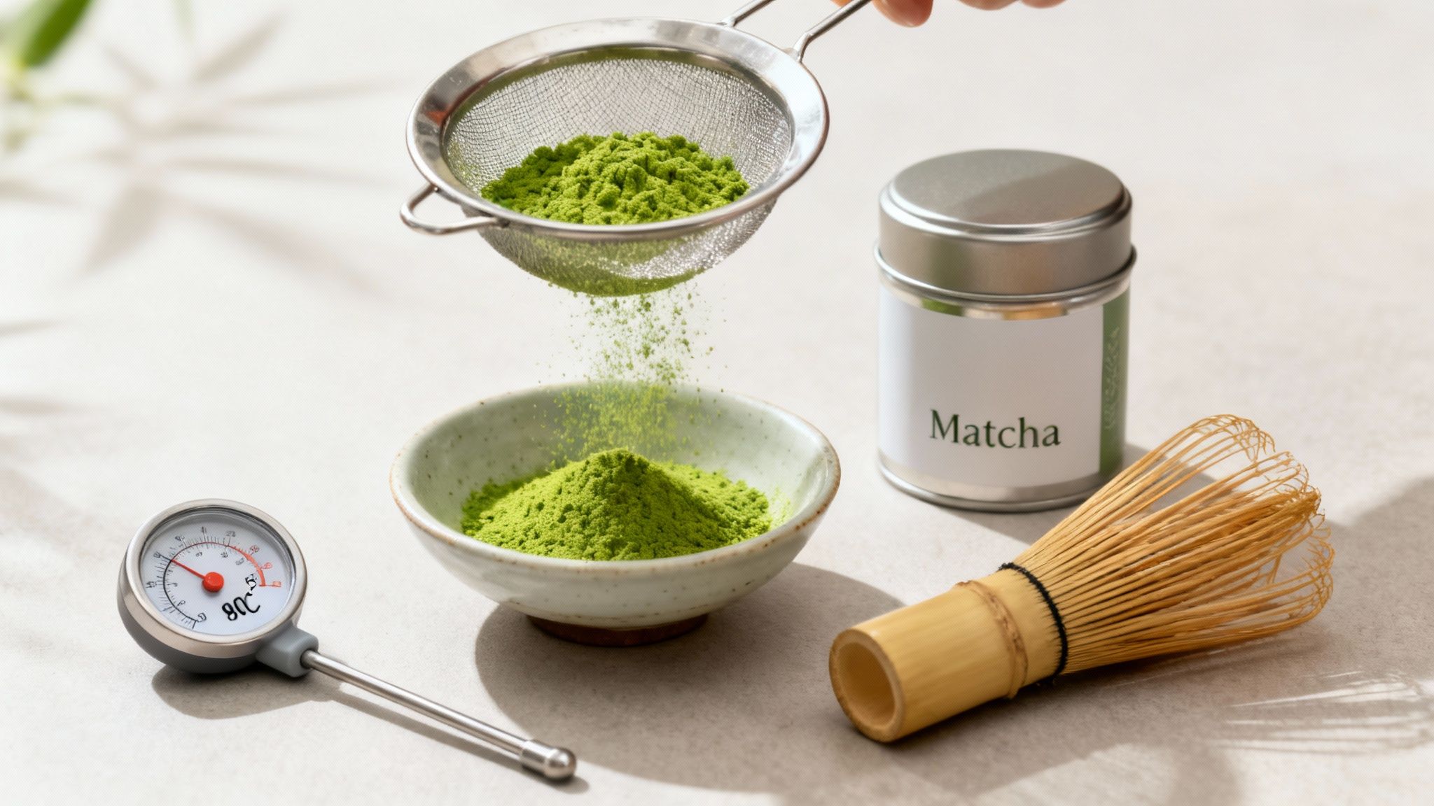 Someone sifting vibrant green matcha powder into a bowl with a whisk, thermometer, and tin.