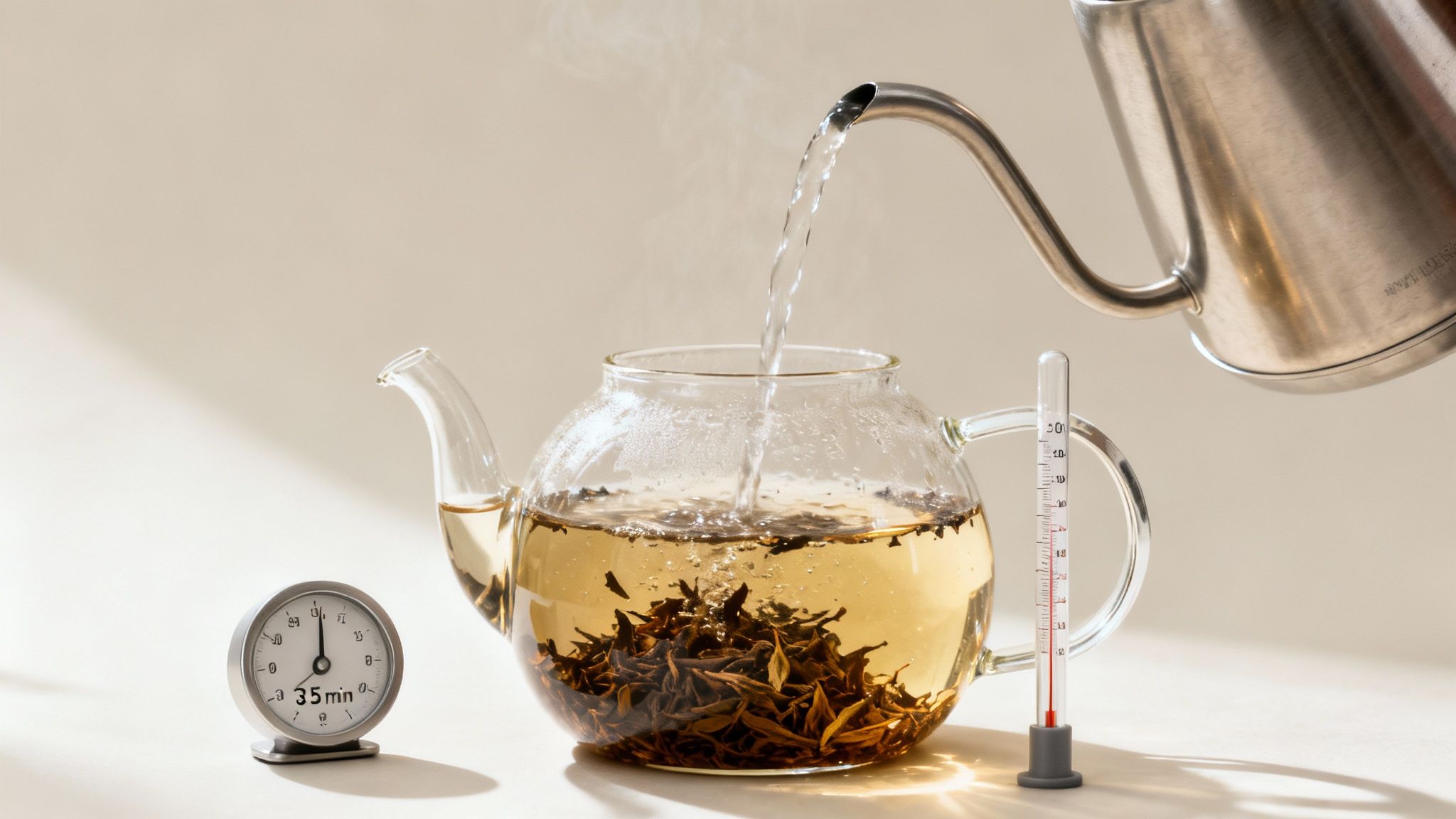 Hot water being poured from a kettle into a glass teapot with loose leaf tea, next to a timer and thermometer.
