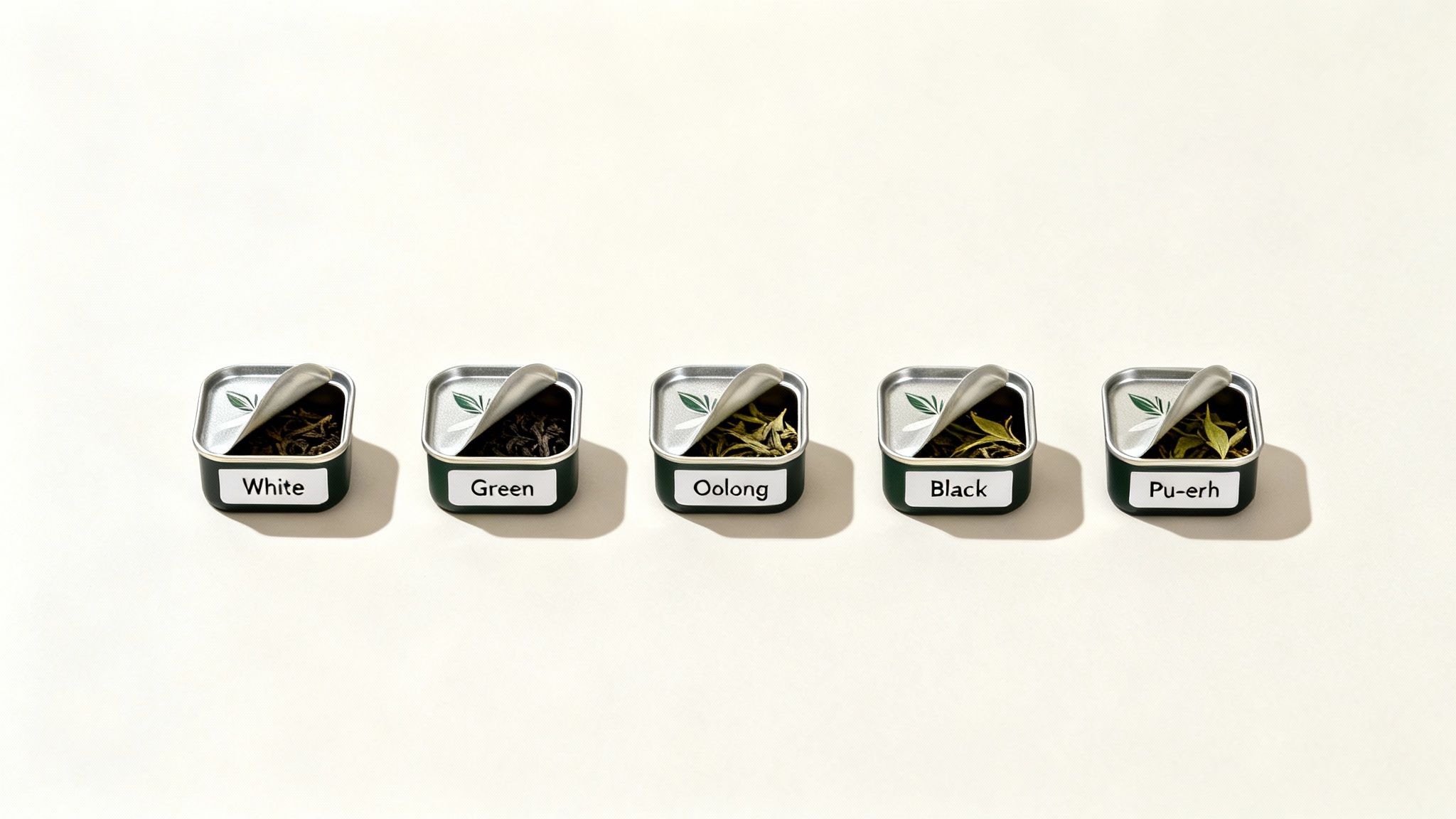 Five small, open tins showcasing different loose leaf teas: White, Green, Oolong, Black, and Pu-erh.
