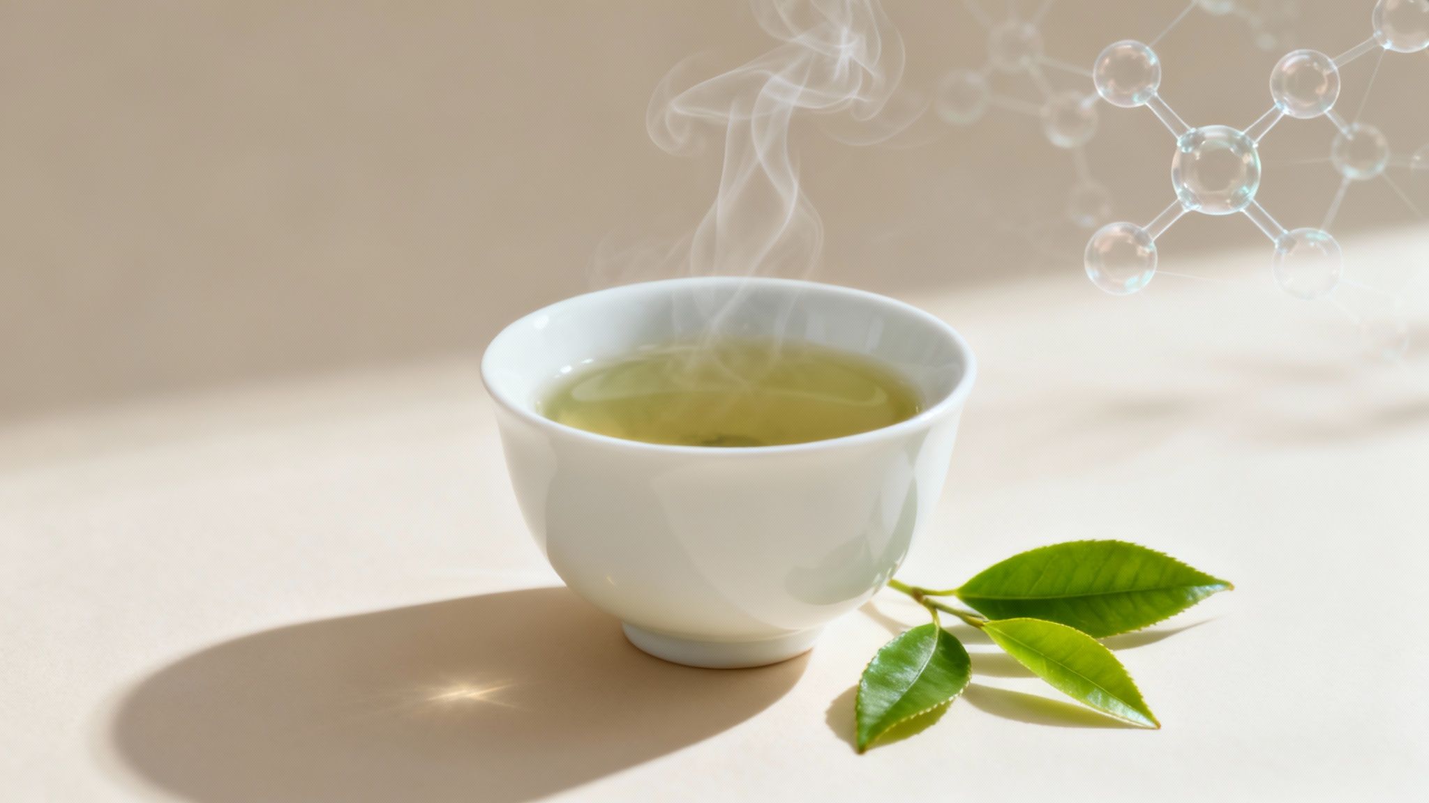 White cup of steaming sencha green tea with fresh tea leaves and molecular structure overlay