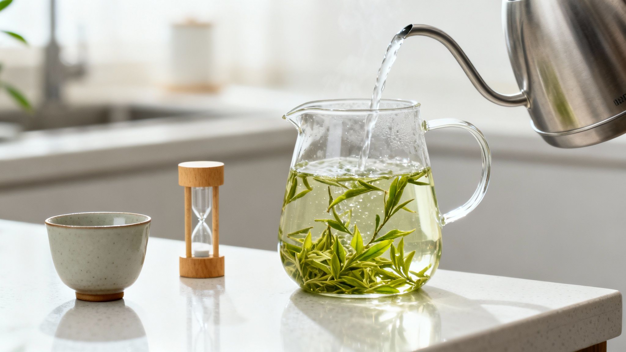 Hot water being poured into a glass pitcher with green tea leaves, next to a ceramic cup and hourglass.