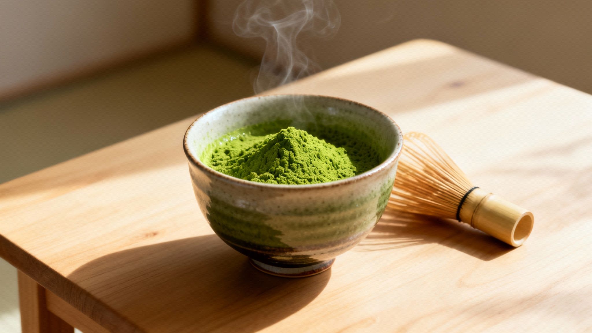 A ceramic bowl of steaming green matcha tea powder and a traditional bamboo whisk.