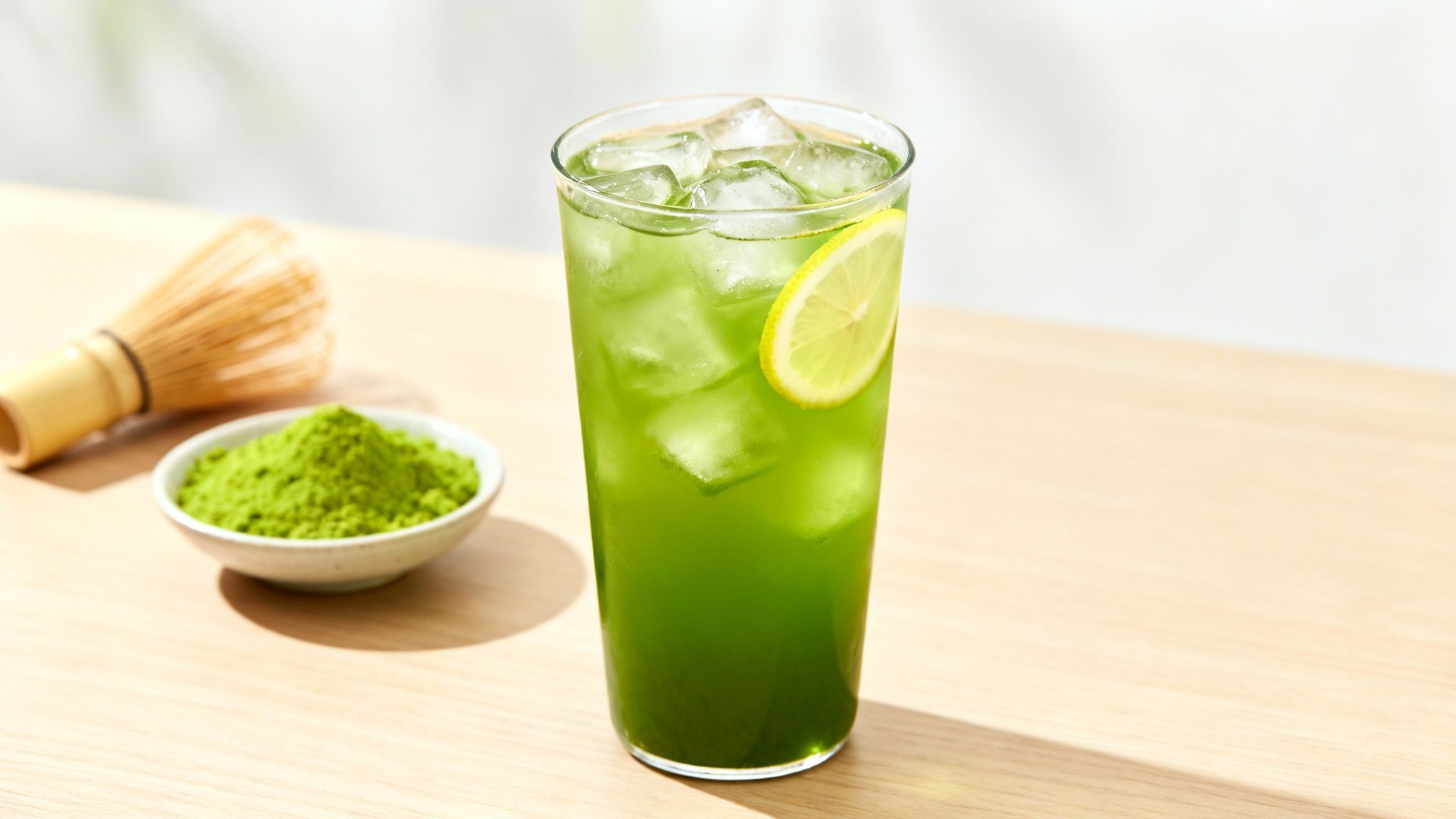 A refreshing iced matcha tea with a lemon slice, next to a bowl of matcha powder and a whisk.