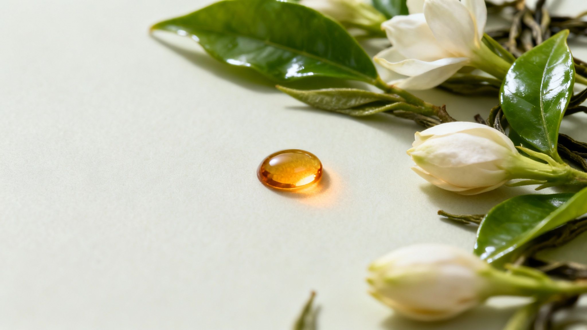 A cup of jasmine green tea with loose leaves scattered around it, highlighting its natural ingredients.