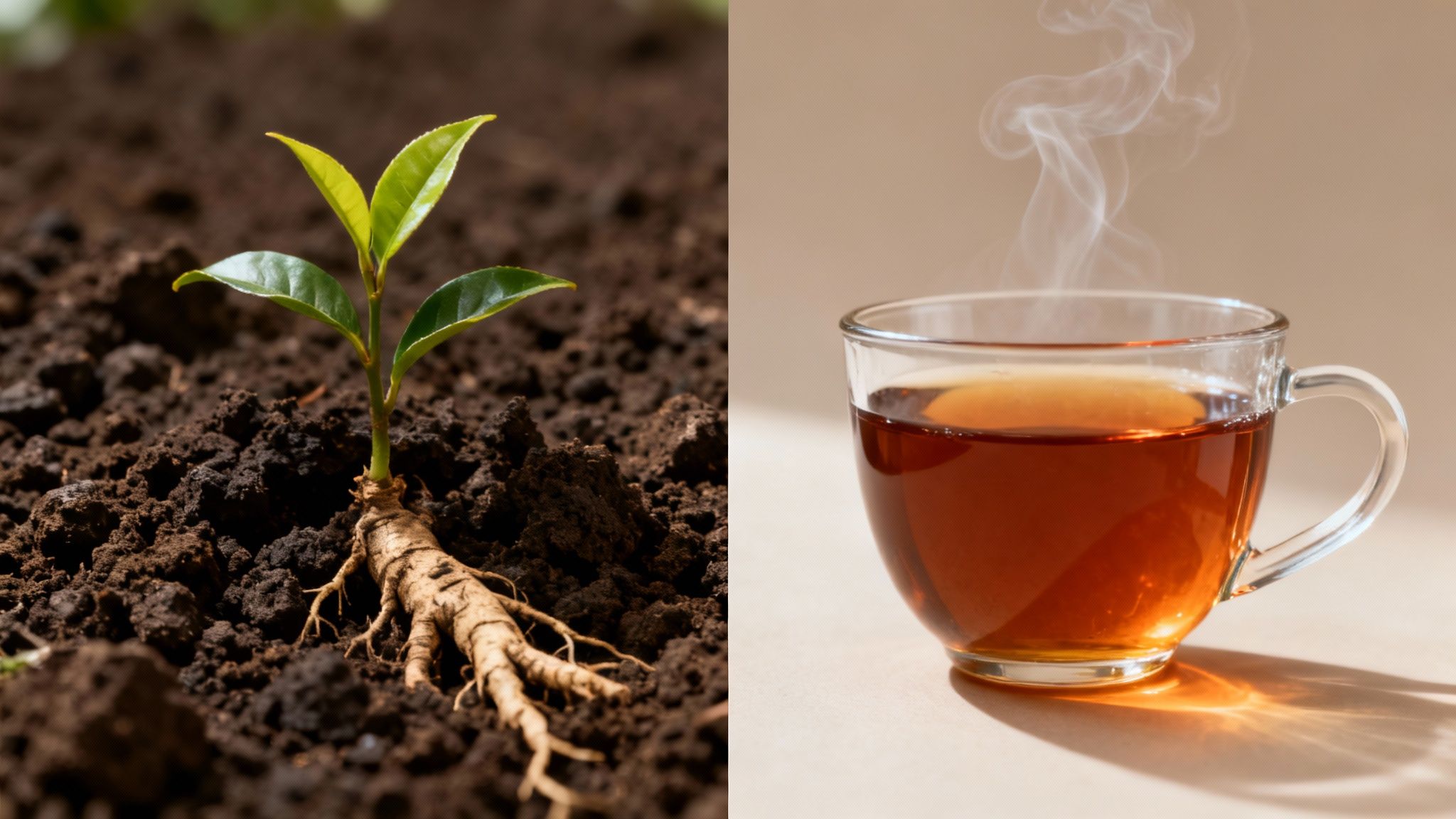 A hand gently holding fresh, green tea leaves in a sunlit plantation
