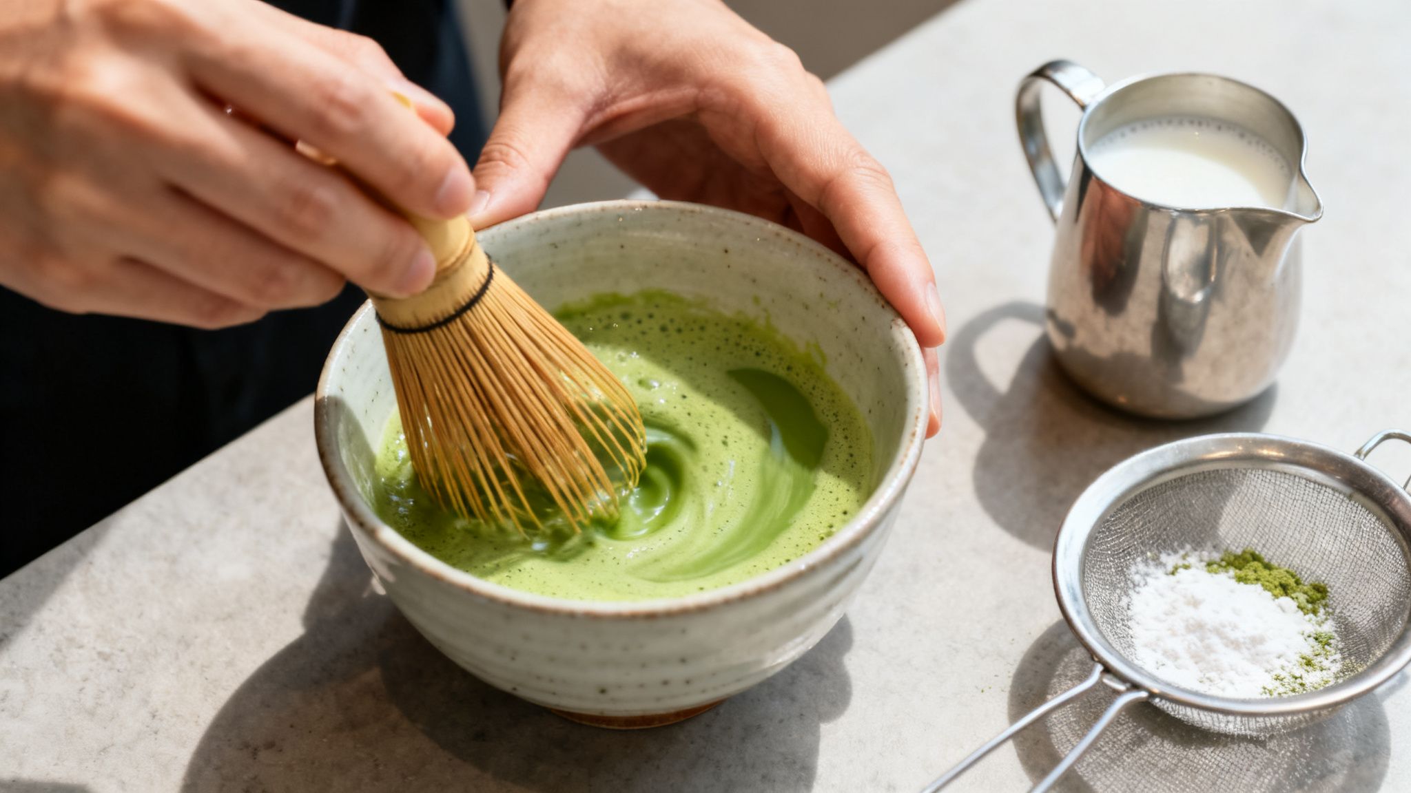 Close-up of hands whisking vibrant green matcha in a bowl with a bamboo whisk.