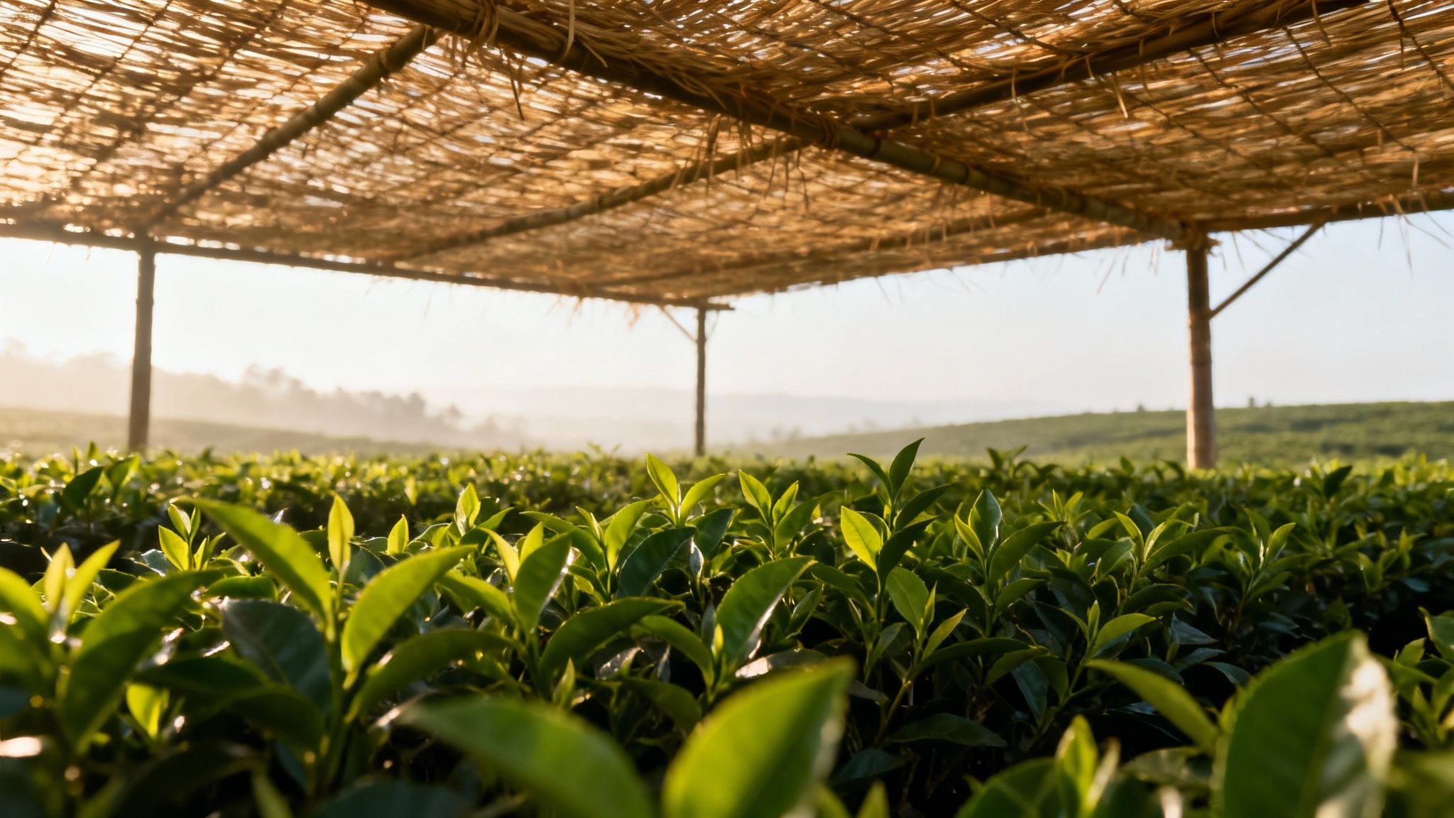 Lush green tea leaves growing in a plantation under a protective straw canopy, bathed in soft sunlight.