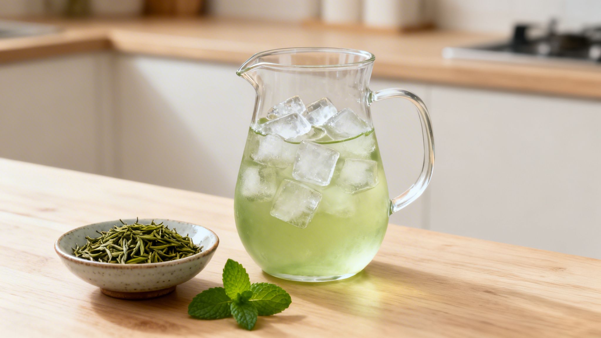 A glass pitcher of iced green tea with ice, loose leaves, and fresh mint on a wooden counter.