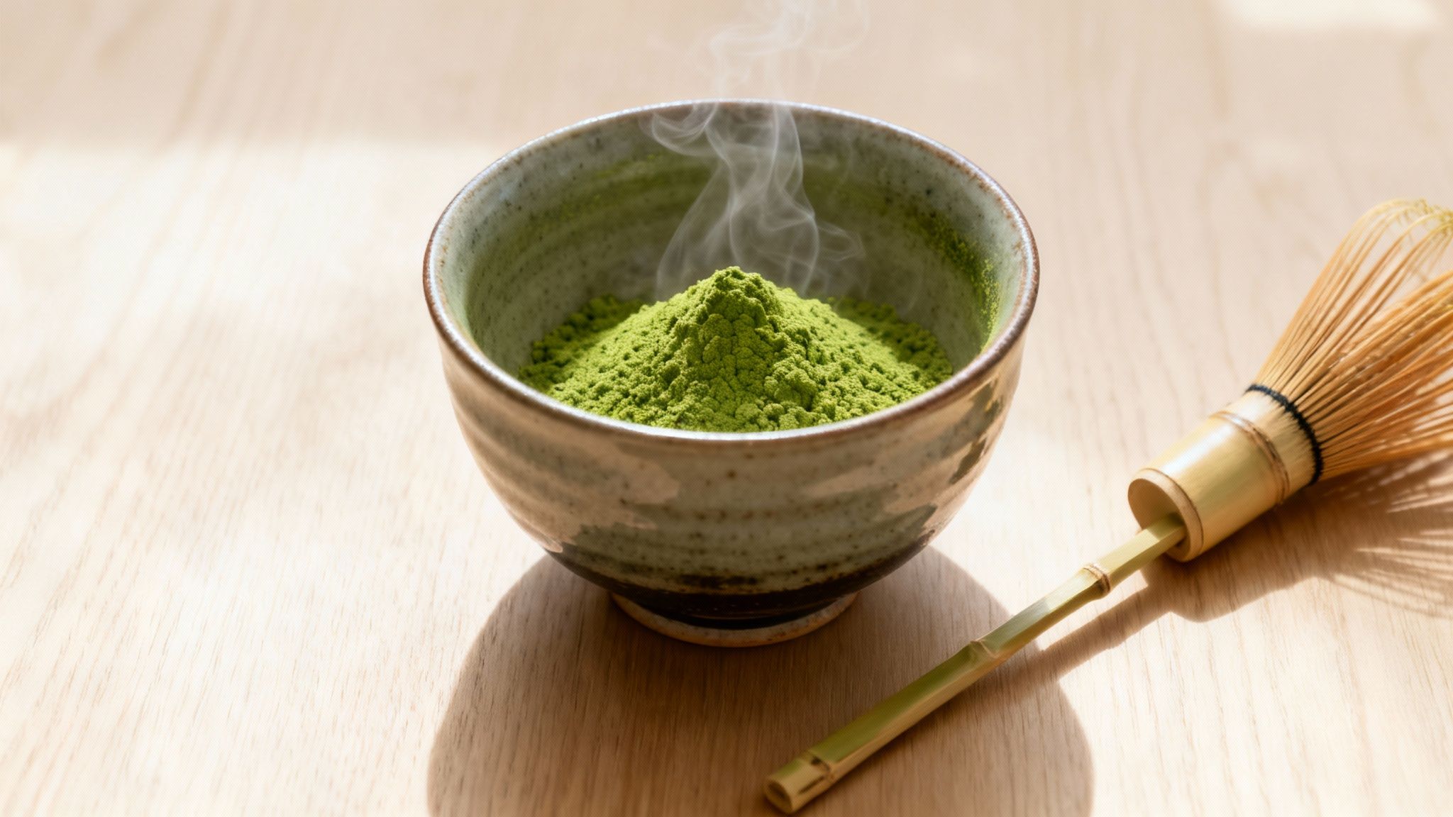 Close-up of vibrant green matcha powder steaming in a ceramic bowl with a bamboo whisk.