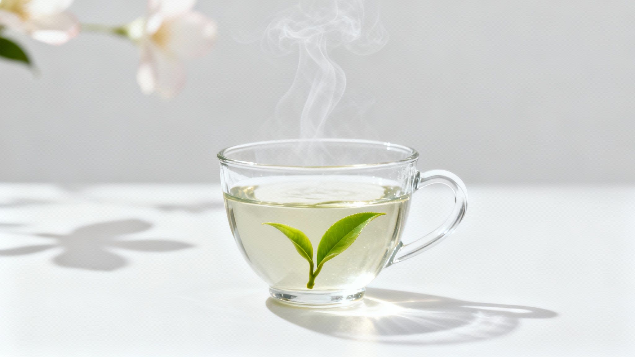 Loose leaf tea leaves unfurling in a glass teapot, releasing their colour into the water.