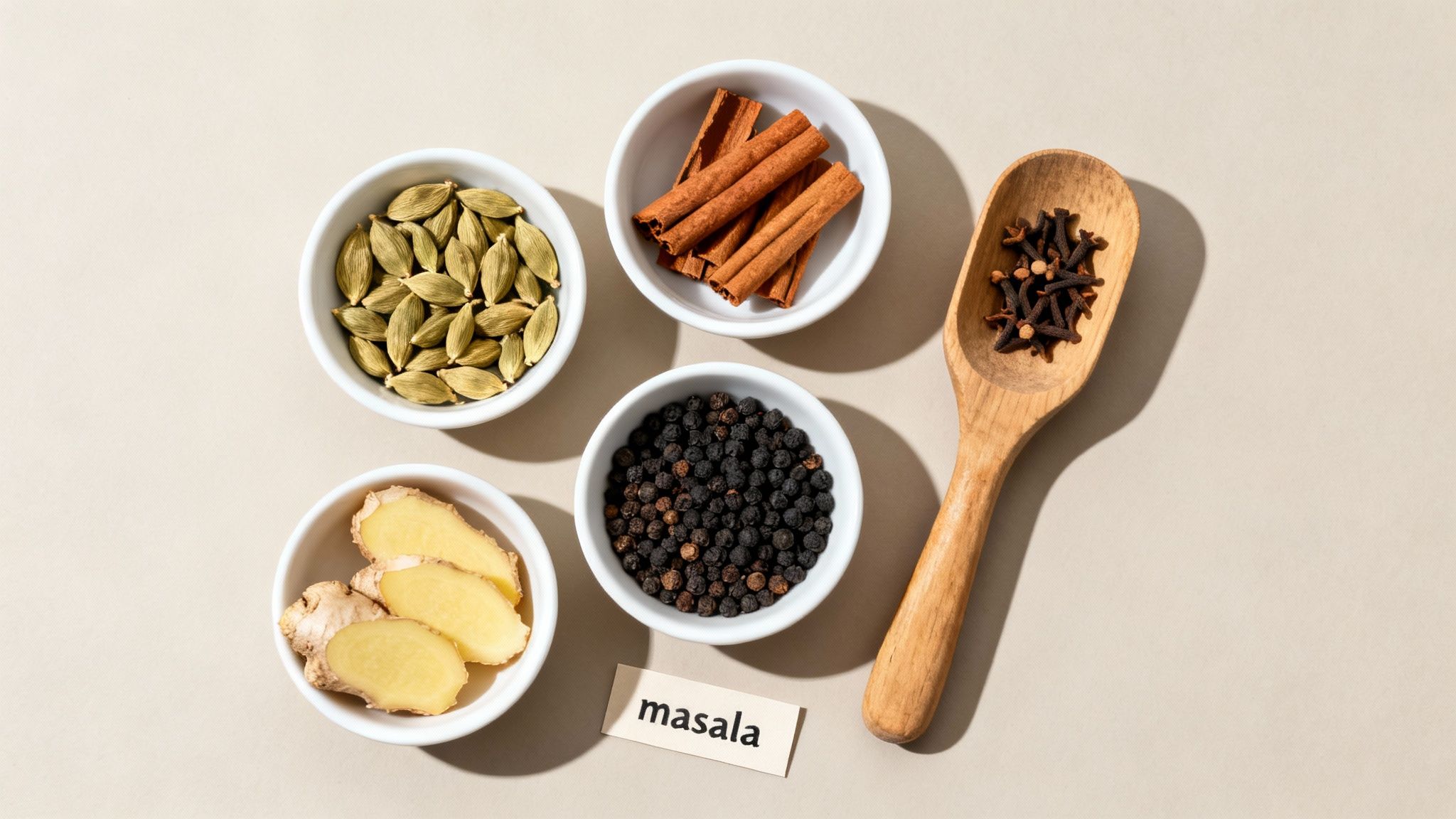 Overhead view of various spices like cardamom, cinnamon, ginger, black pepper, and cloves, ingredients for masala.