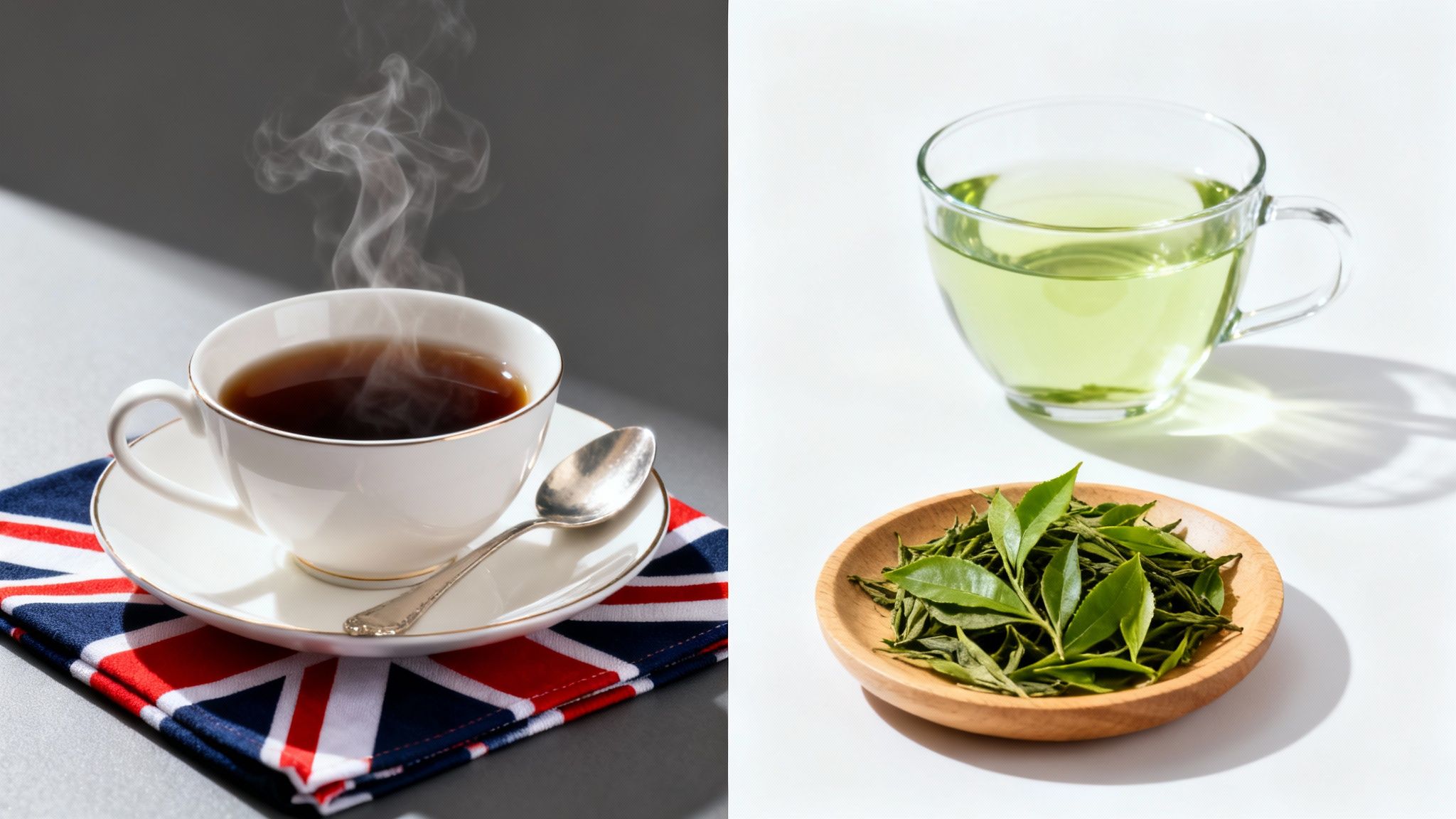 Steaming black tea on a Union Jack napkin contrasts with green tea and fresh leaves.