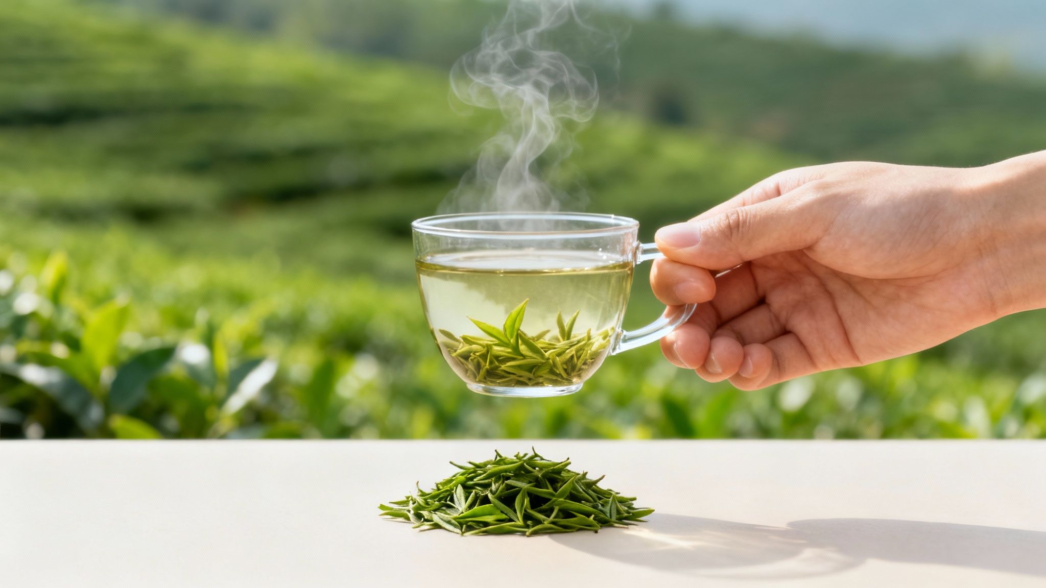 A steaming cup of organic loose leaf tea placed next to fresh tea leaves on a wooden surface.