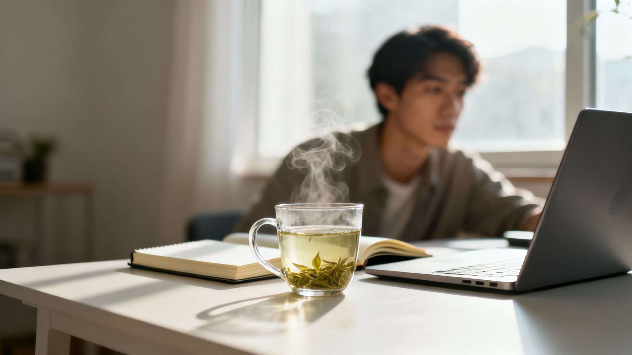 A person sitting at a desk with a clear mind, a cup of Sencha tea nearby, symbolising mental clarity and focus.