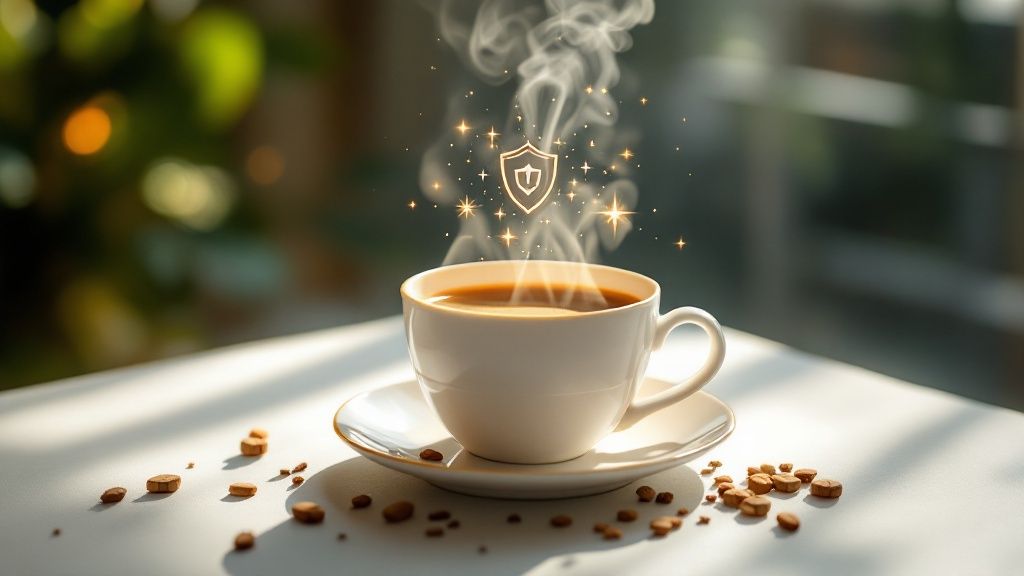 A person's hands holding a clear mug of chai, showcasing its warm colour.