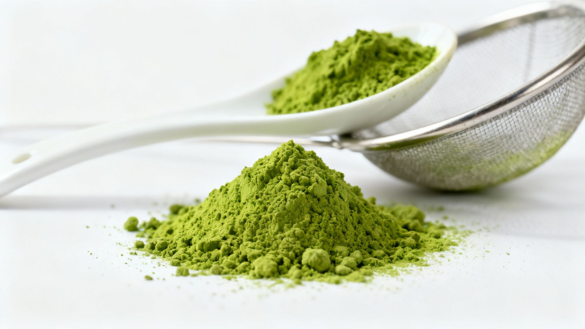 A spoonful of vibrant, bright green matcha powder being held over a traditional bowl