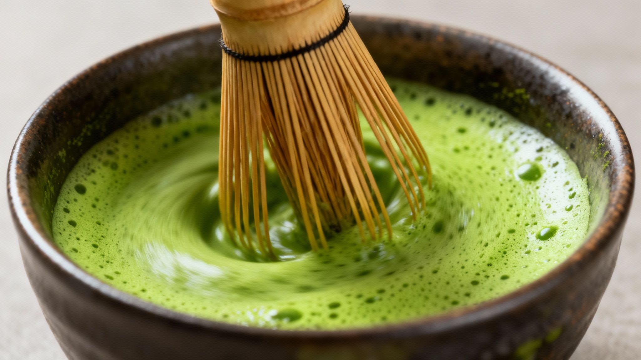 A person whisking matcha in a ceramic bowl, creating a vibrant green foam.