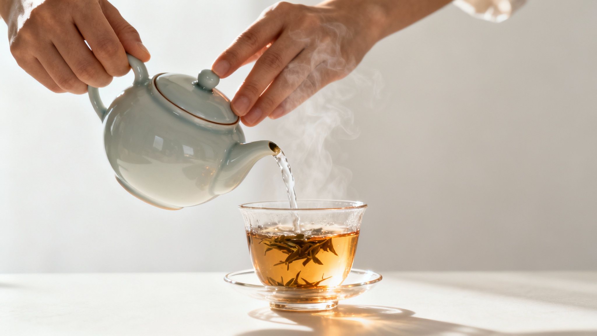 A person mindfully pouring hot water over loose leaf tea in an infuser.