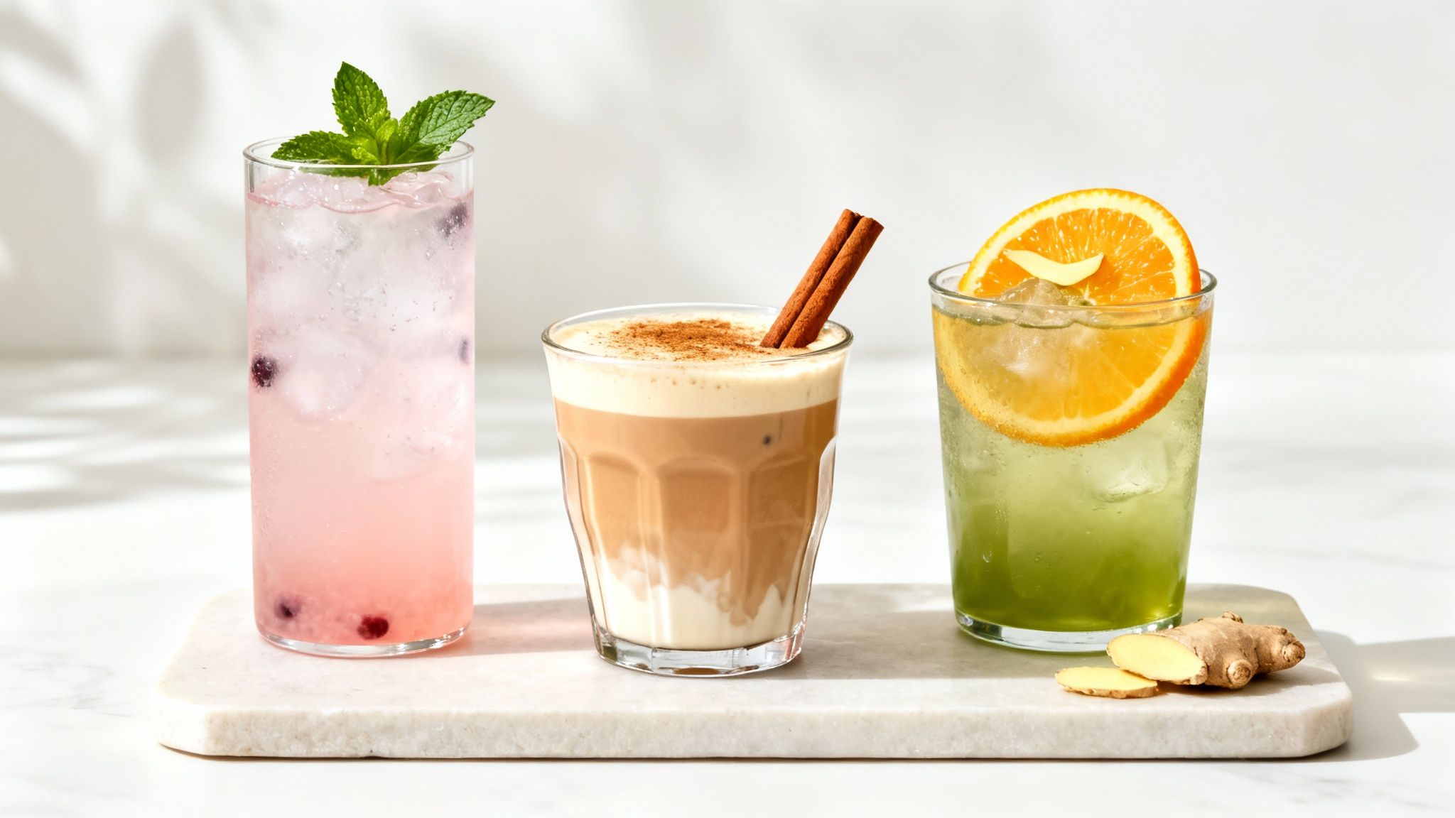 Three refreshing cold drinks: a pink berry mint cooler, a layered chai latte, and a green ginger-orange beverage.