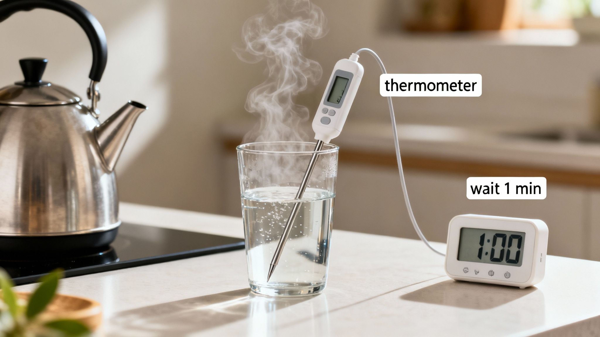 A kettle and hot water with a thermometer and a timer, perfect for tea brewing.