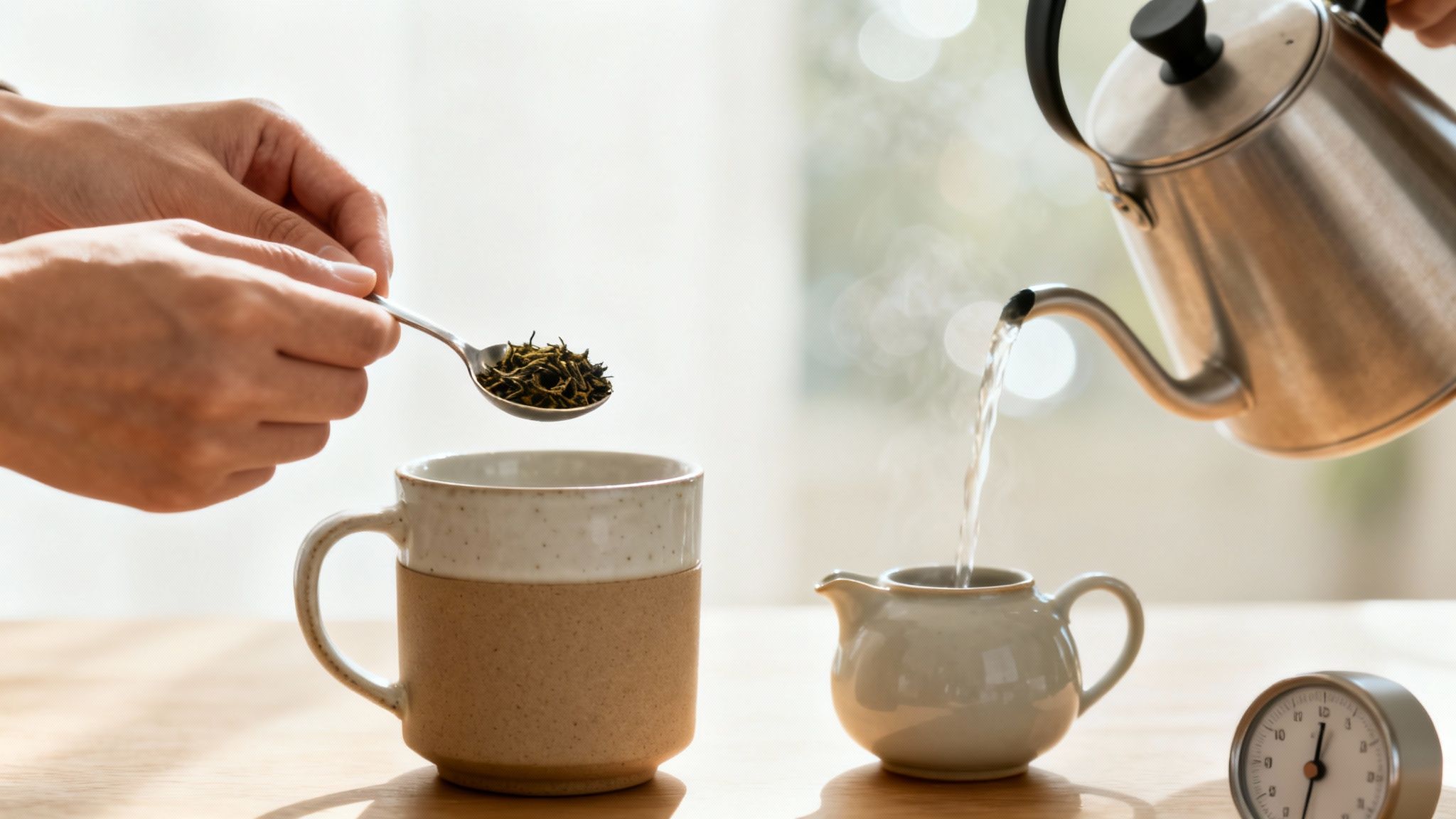 Hands preparing loose leaf tea, adding tea leaves to a mug, and pouring hot water from a kettle.
