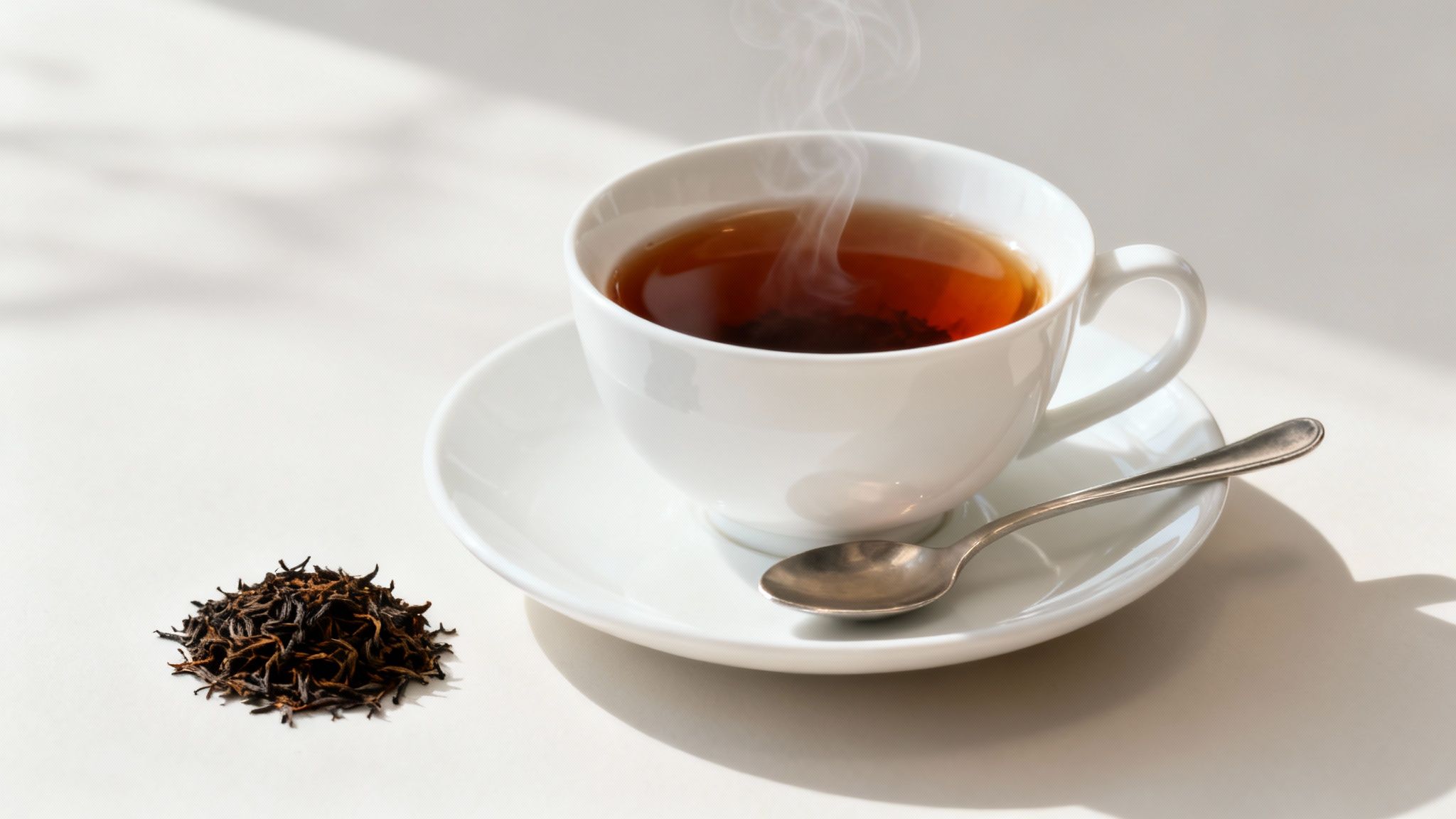 A steaming cup of black tea, a pile of dry tea leaves, and a spoon on white.