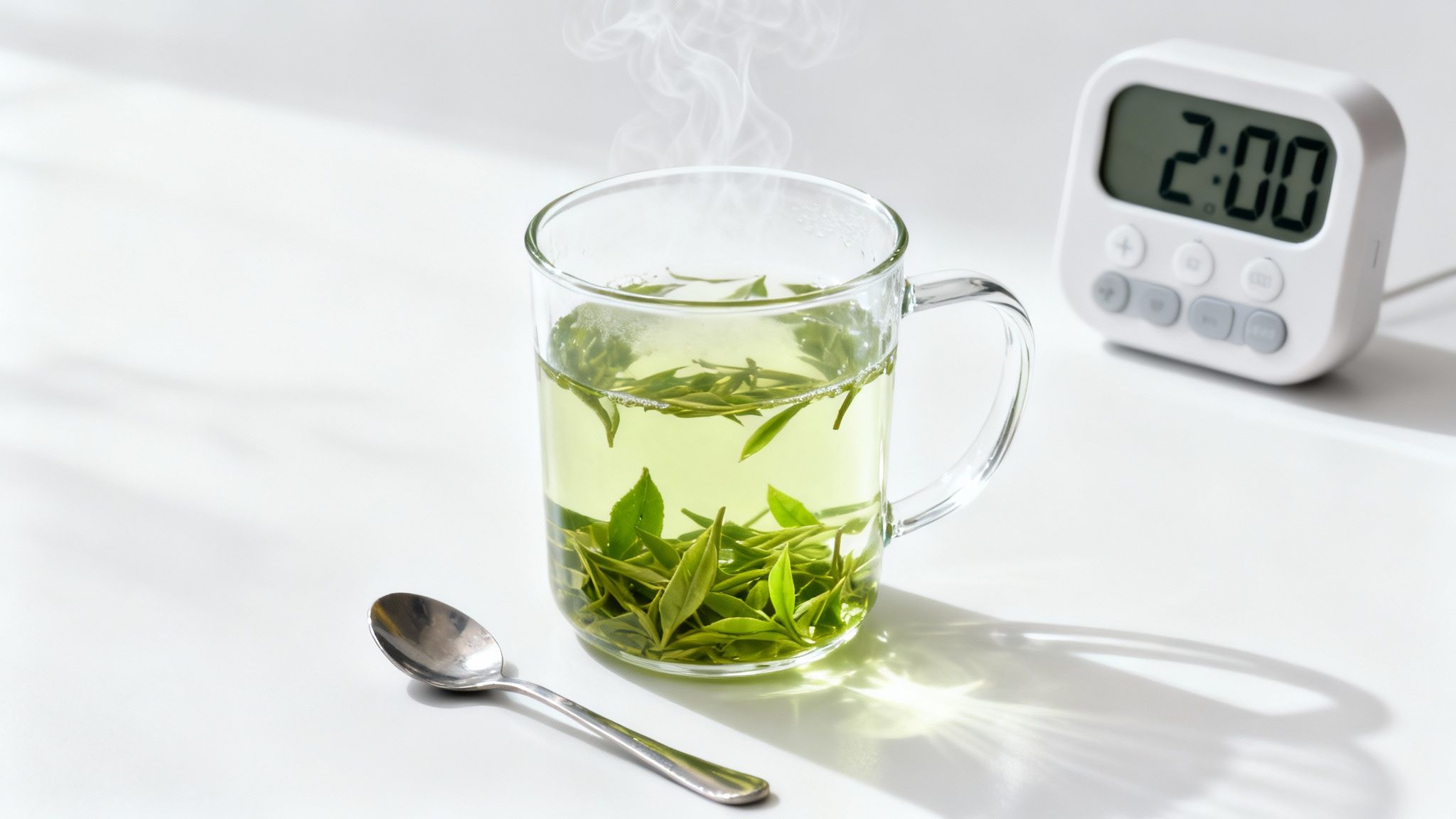 A close-up shot of green tea leaves being steeped in a clear glass teapot with a built-in infuser.