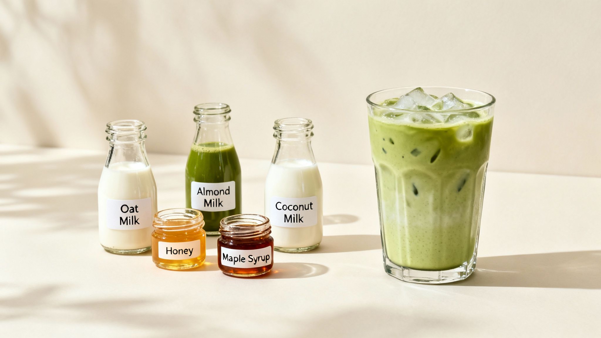 Iced matcha latte with various plant-based milk options and sweeteners displayed on a light surface.
