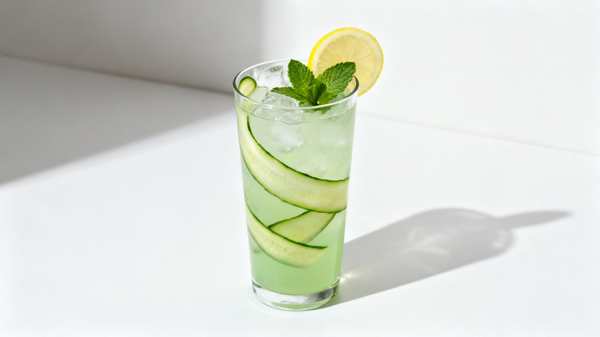 A refreshing green drink with ice, cucumber ribbons, mint, and a lemon slice in a tall glass.