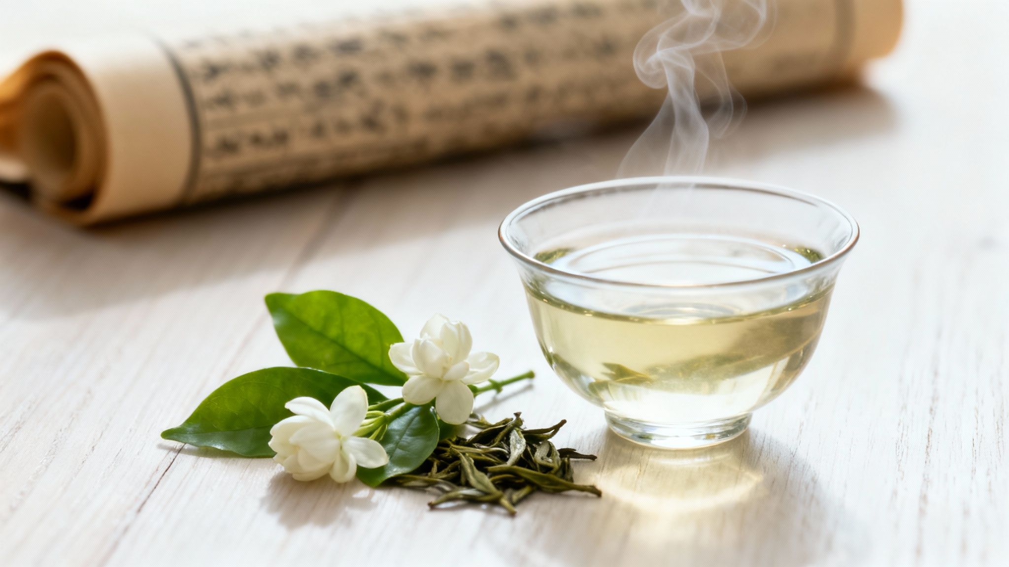 A steaming cup of jasmine green tea surrounded by jasmine blossoms and tea leaves.
