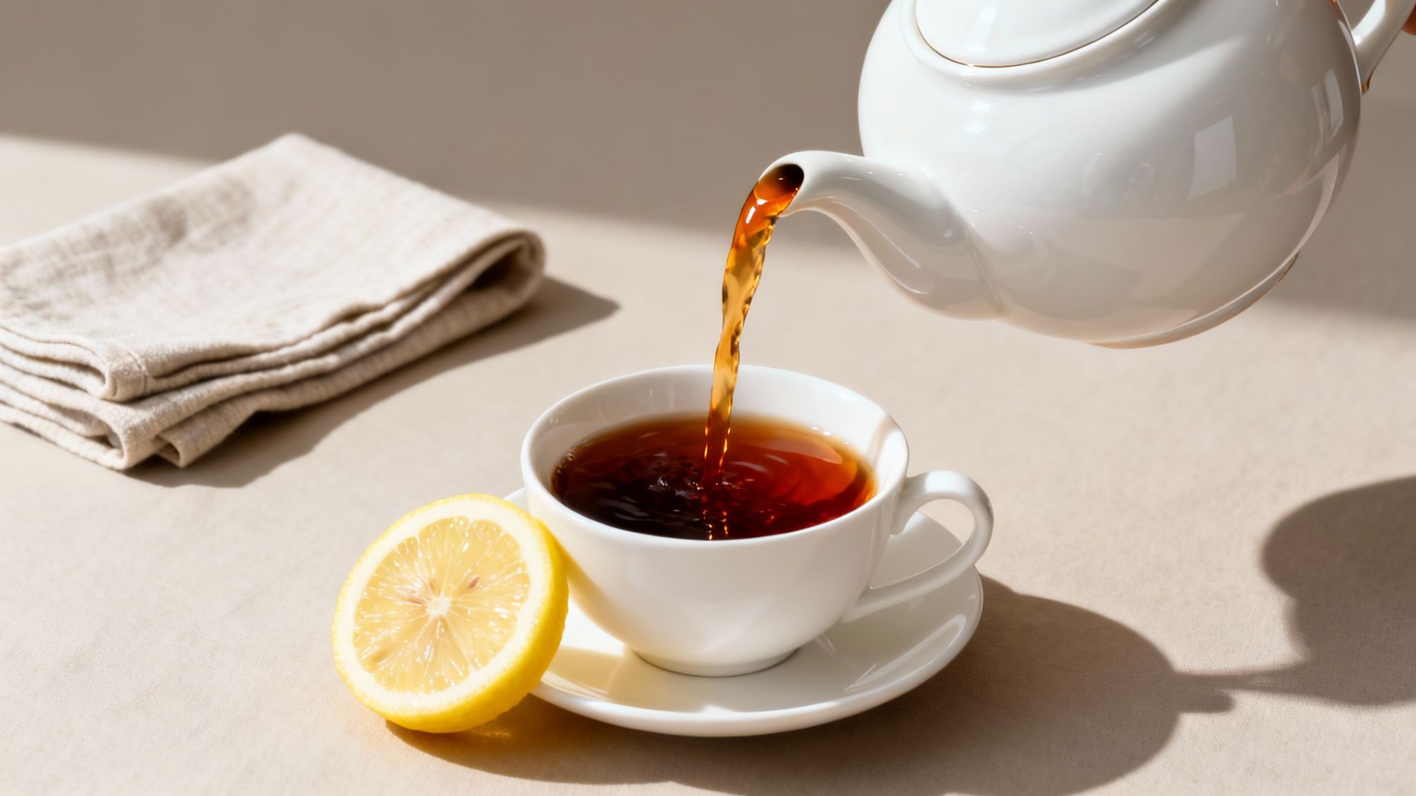 Freshly brewed black tea being poured from a white teapot into a cup, with a lemon and napkin.