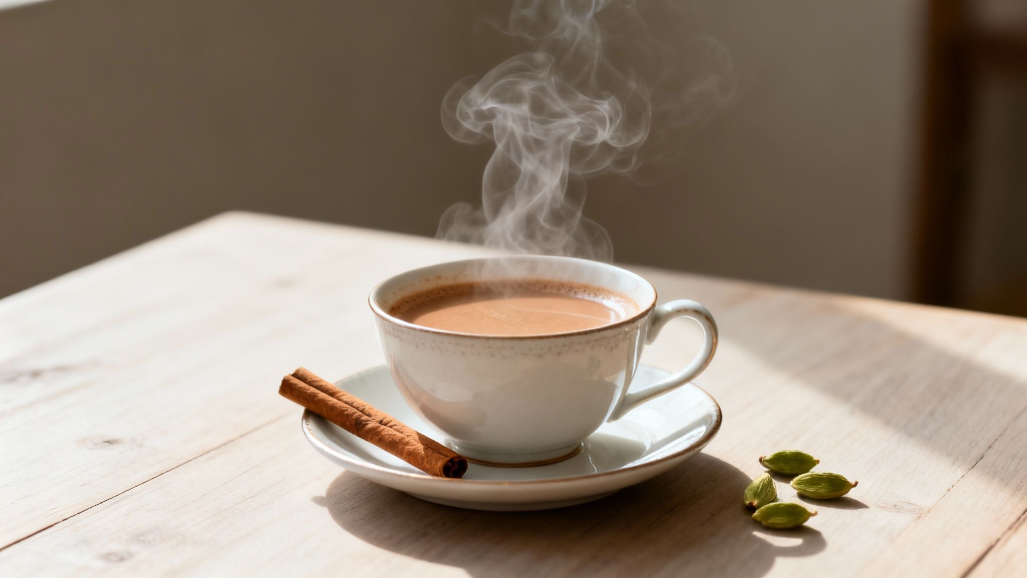 A steaming cup of chai tea with a cinnamon stick and cardamom on a wooden table.