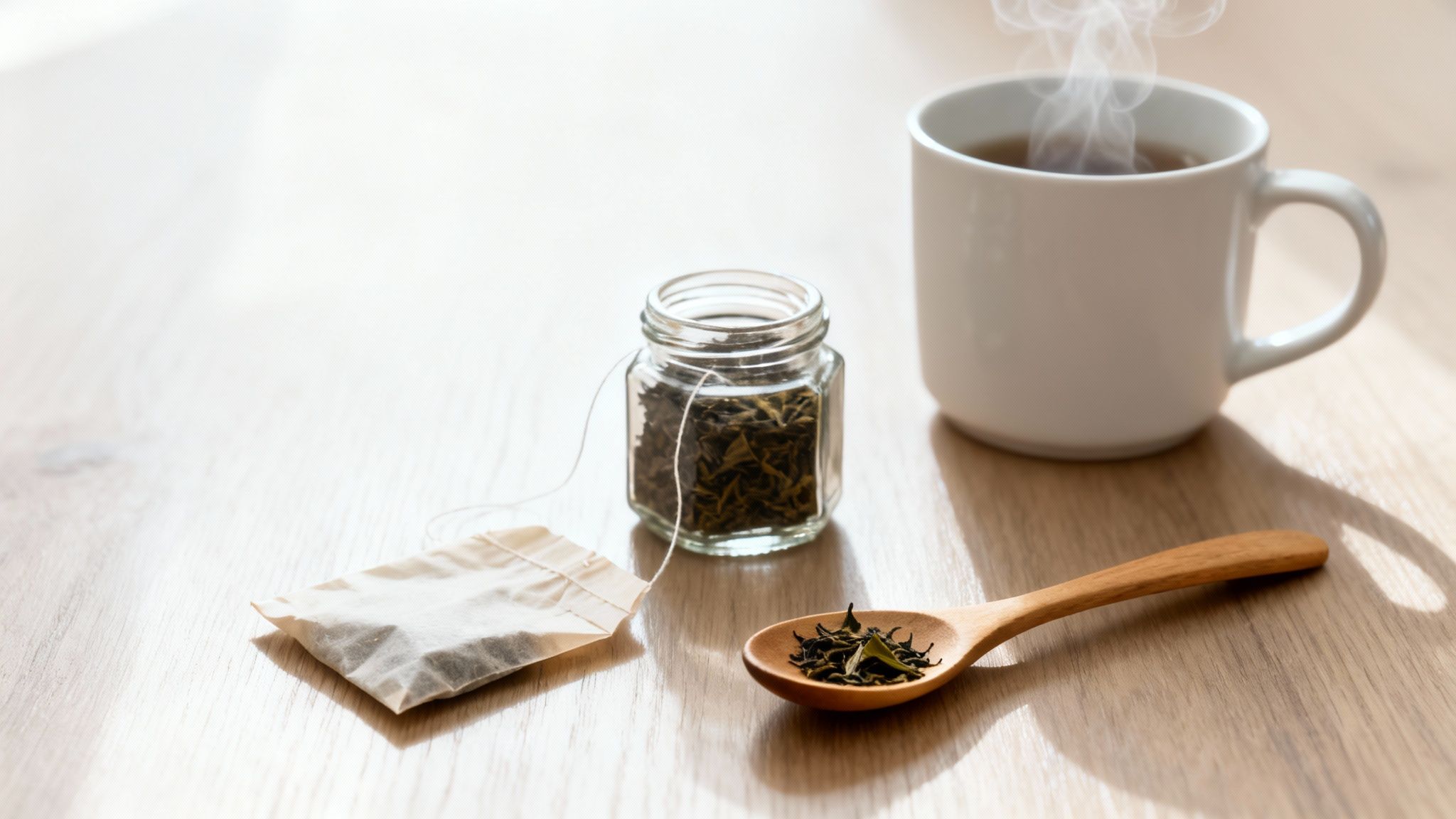 Loose-leaf tea preparation: jar, spoon, tea bag, and steaming hot tea in a white mug.
