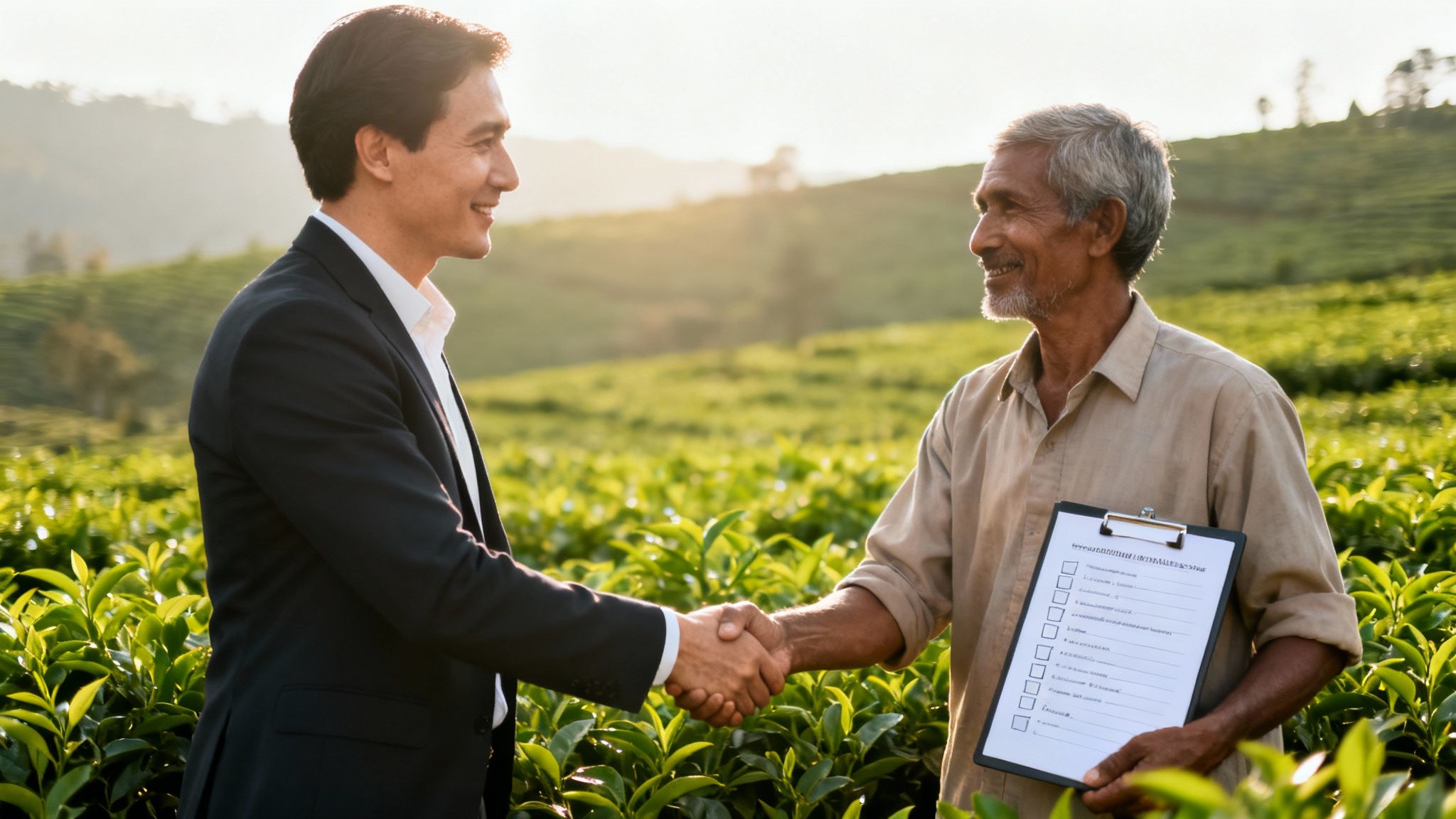Businessman and farmer shaking hands in a lush green tea plantation with a clipboard.