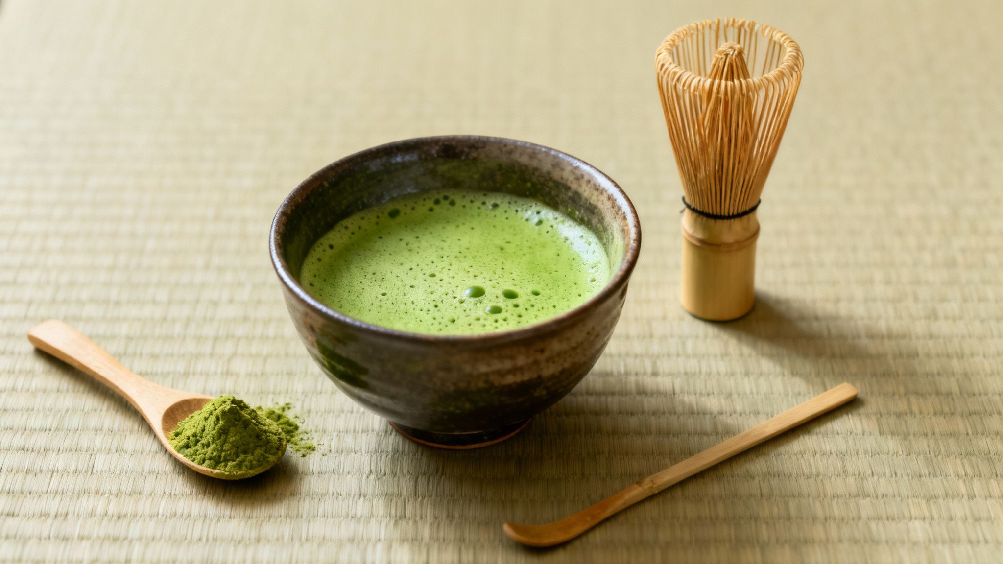 Freshly whisked matcha tea in a ceramic bowl, bamboo whisk, scoop, and powder on a mat.