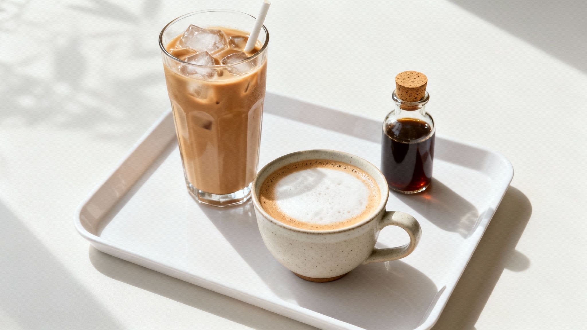Two coffee drinks, an iced latte and a hot latte, with syrup on a white tray.
