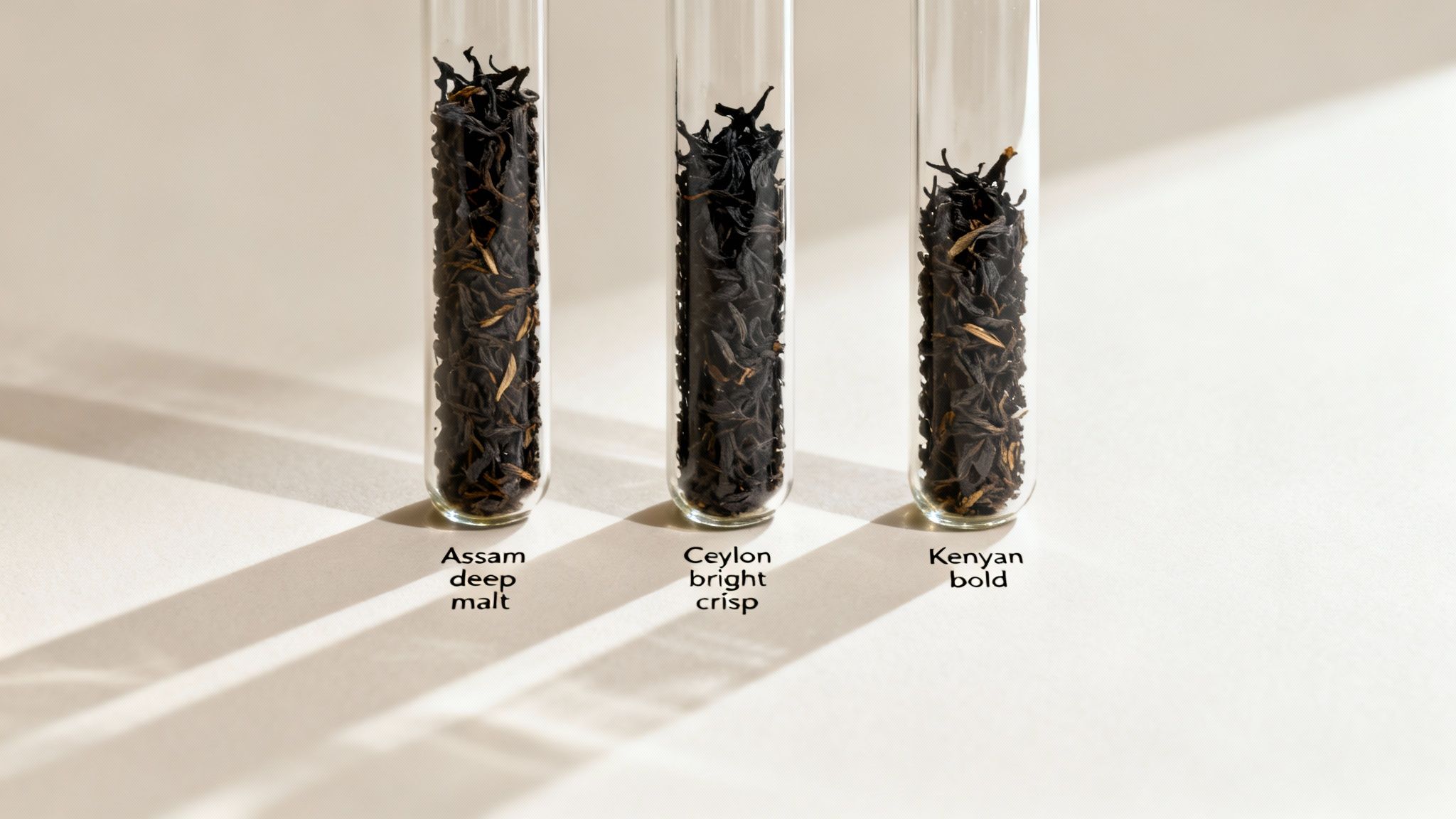 Three test tubes filled with different black tea leaves: Assam, Ceylon, and Kenyan, labeled with flavor profiles.