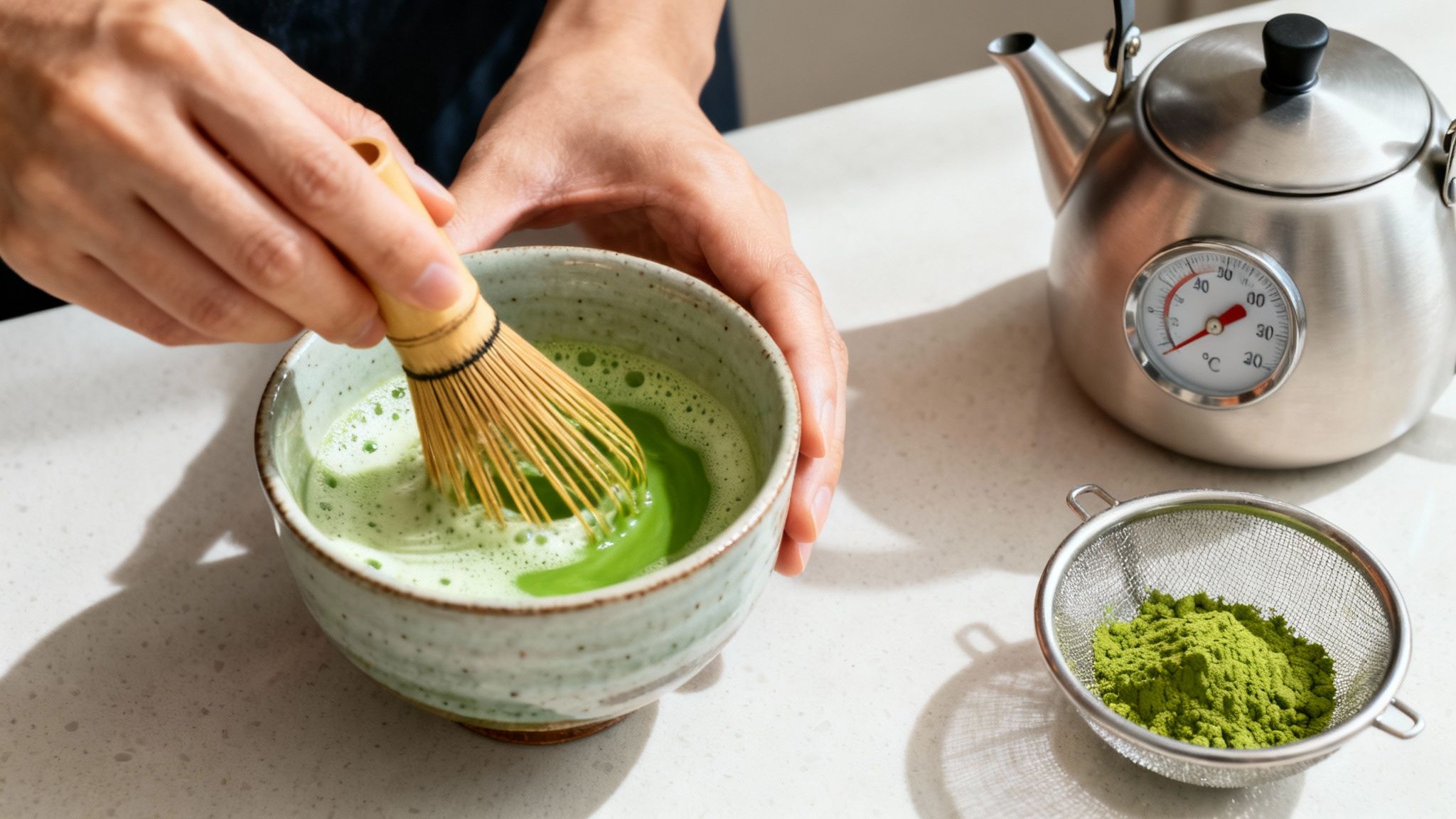 Close-up of hands whisking vibrant green matcha tea in a ceramic bowl, with a kettle and strainer nearby.