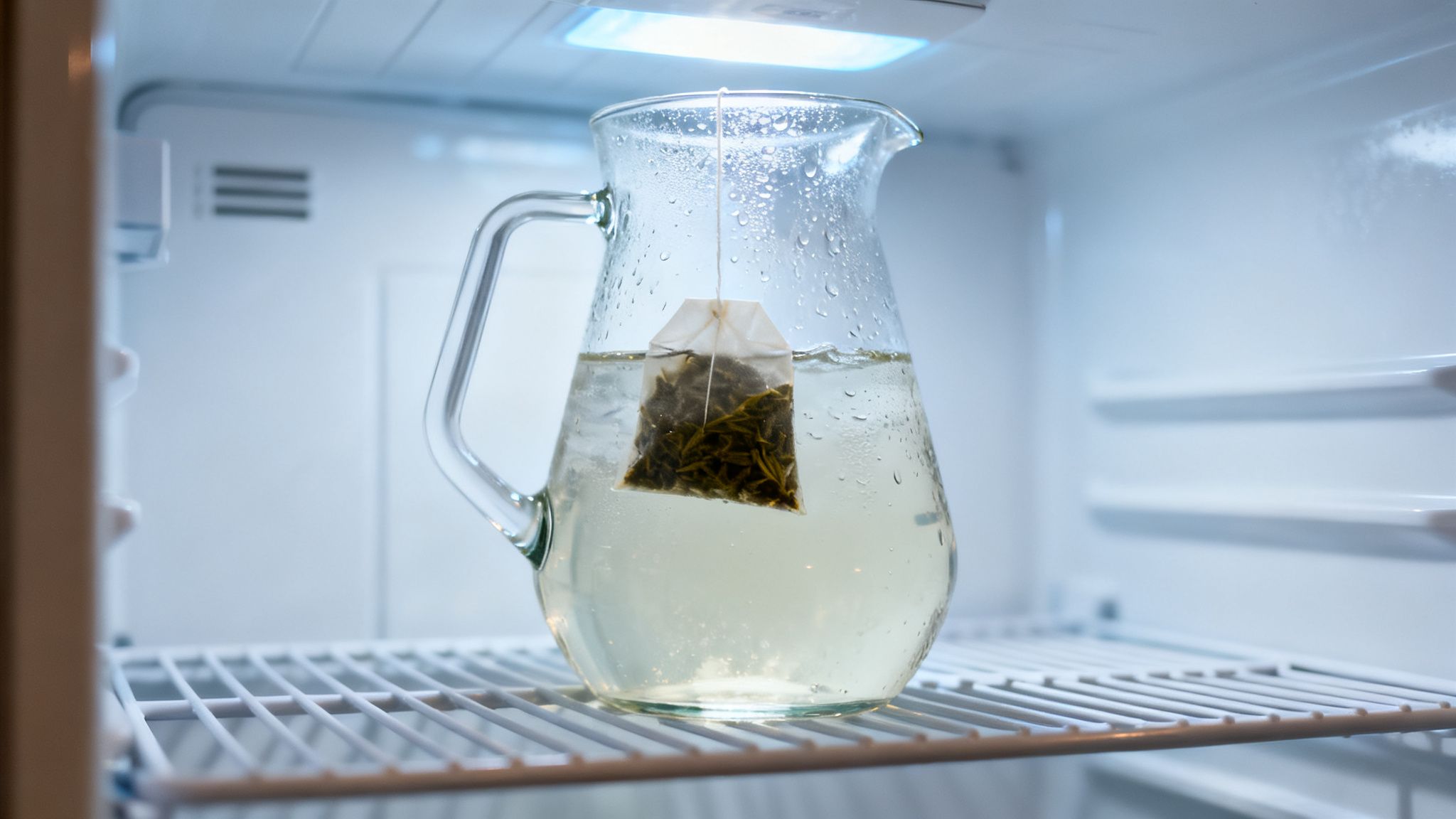 Glass pitcher with a tea bag steeping in water, placed inside a brightly lit refrigerator.