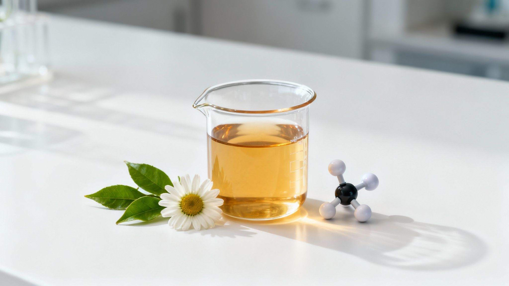 Close-up of a clear glass teapot with blooming tea inside, showcasing the delicate leaves and flowers.