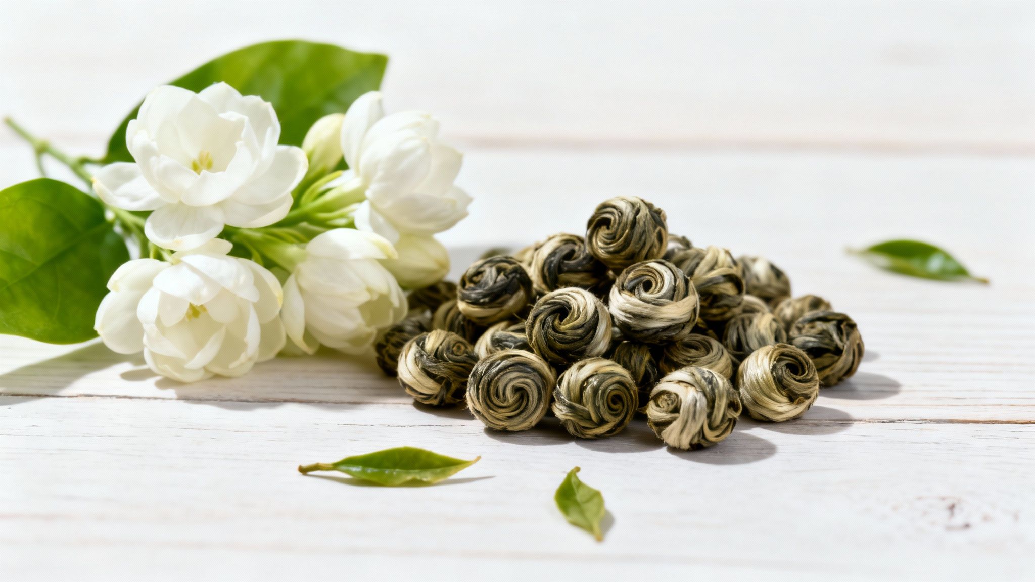 Close-up of delicate jasmine flowers next to a cup of freshly brewed jasmine tea