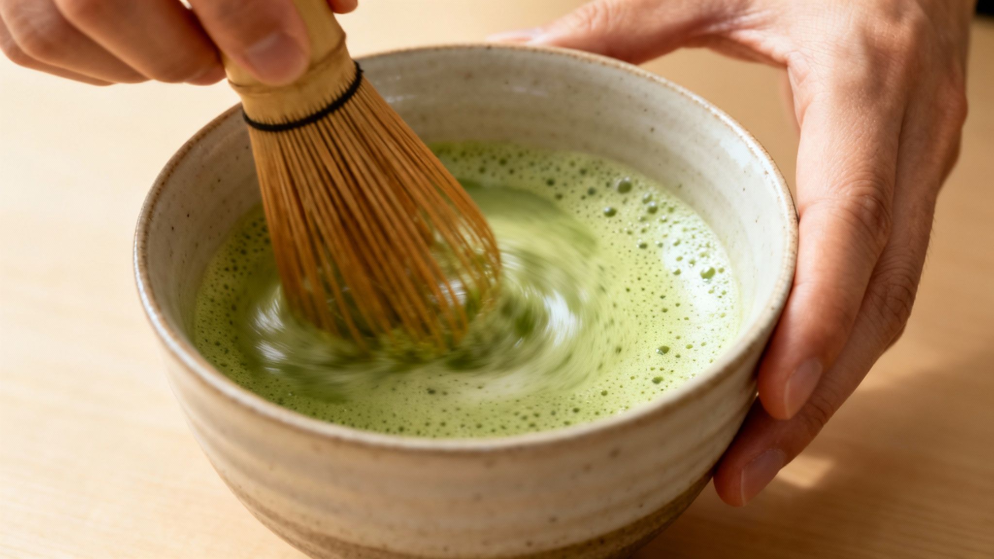A person whisking vibrant green matcha in a traditional bowl, creating a fine froth