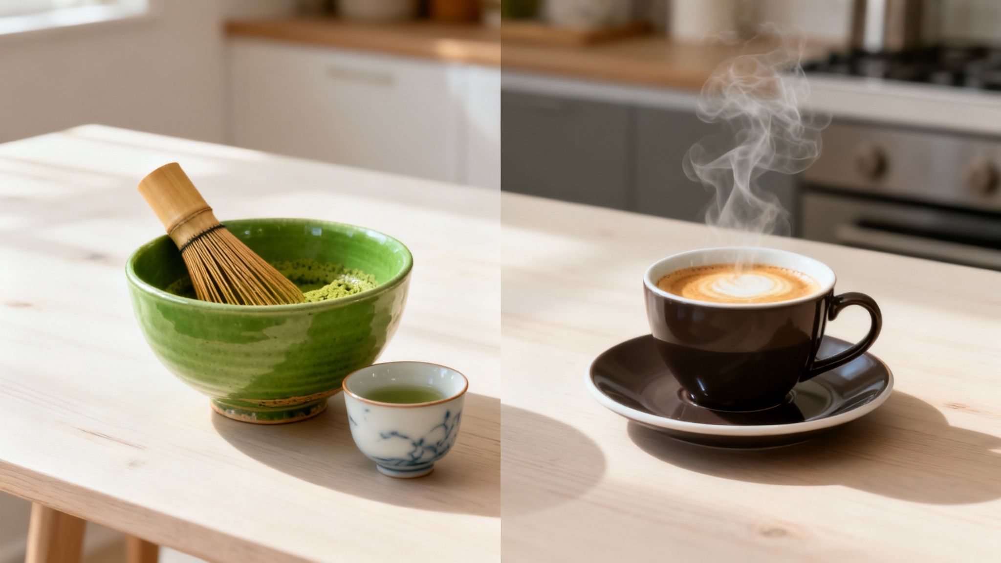 Split image comparing matcha tea with a whisk and green tea to a steaming coffee cup.