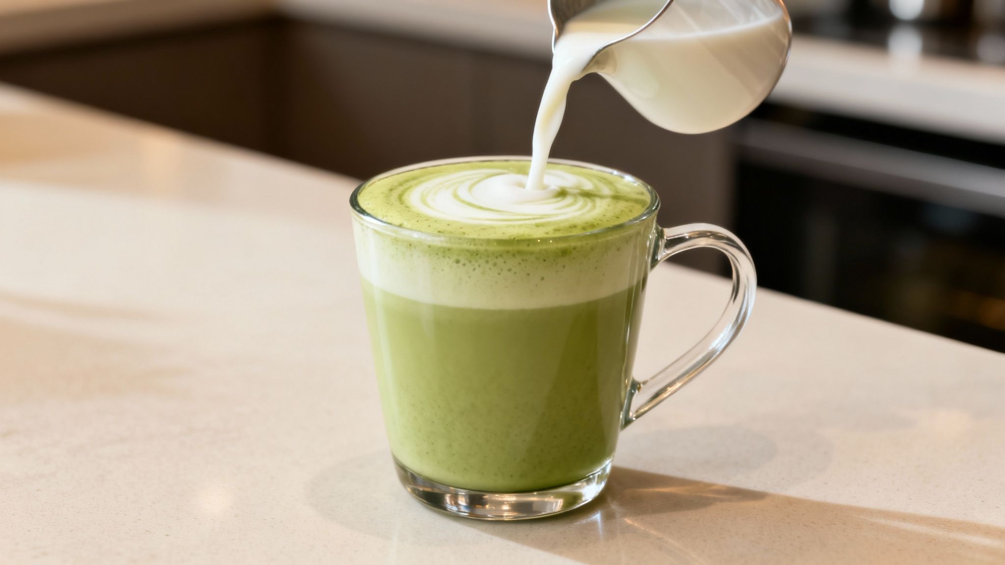 A clear glass mug of green matcha latte, with steamed milk being poured to create beautiful latte art on a light counter.