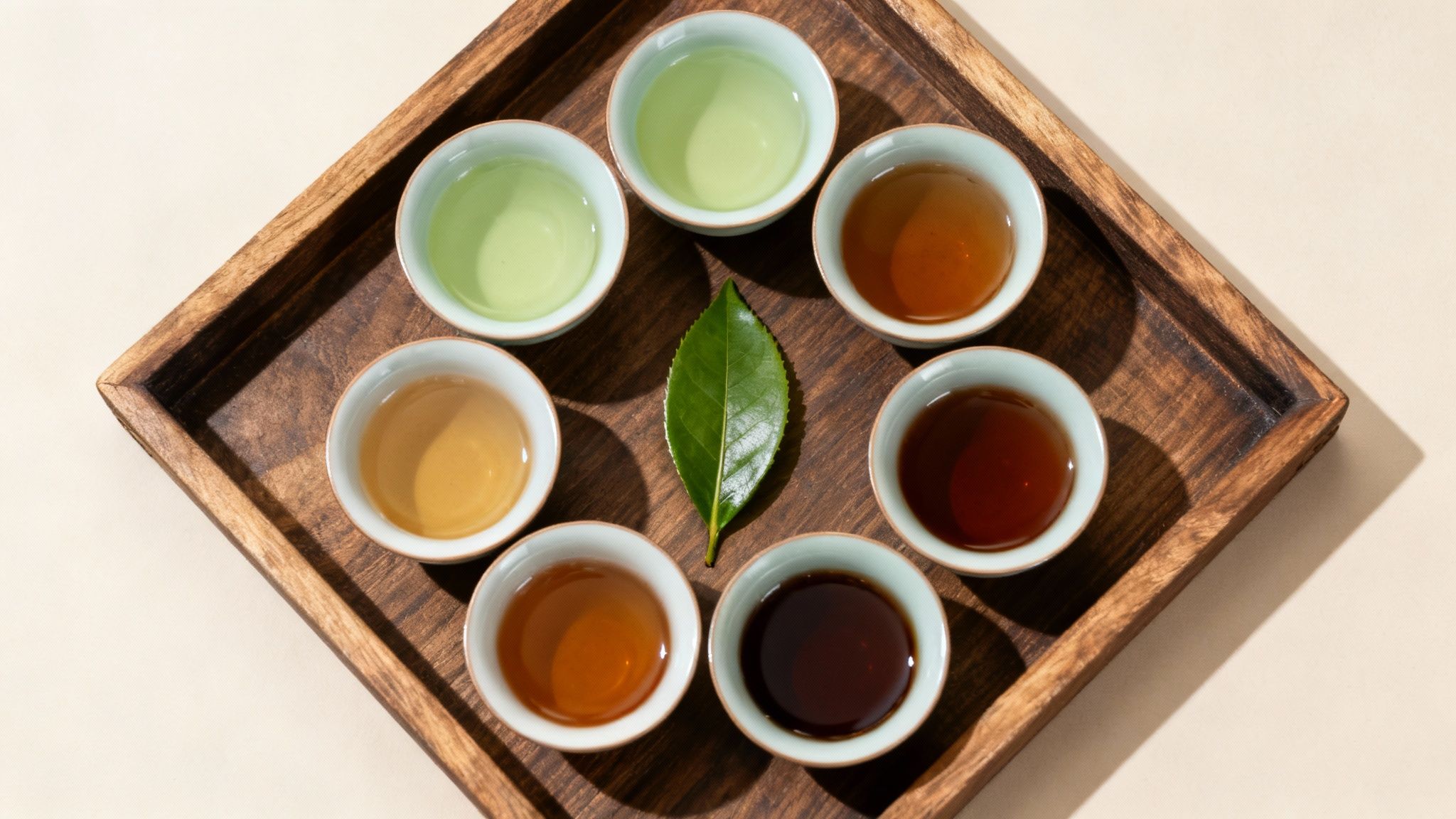 Seven small tea cups with various colored teas and a green tea leaf on a wooden tray.