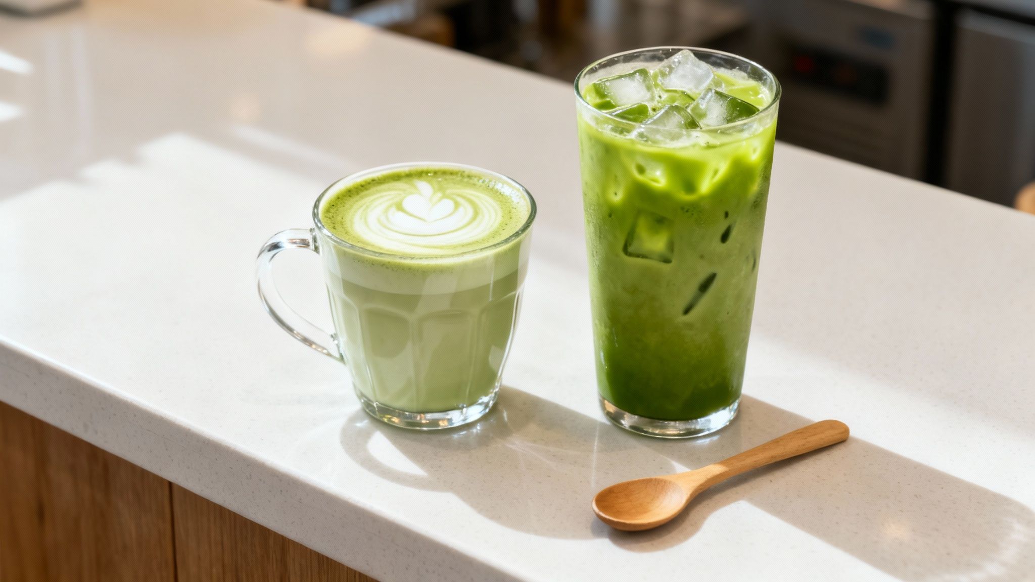 Two green matcha drinks, a hot latte with heart art and an iced tea, on a counter.