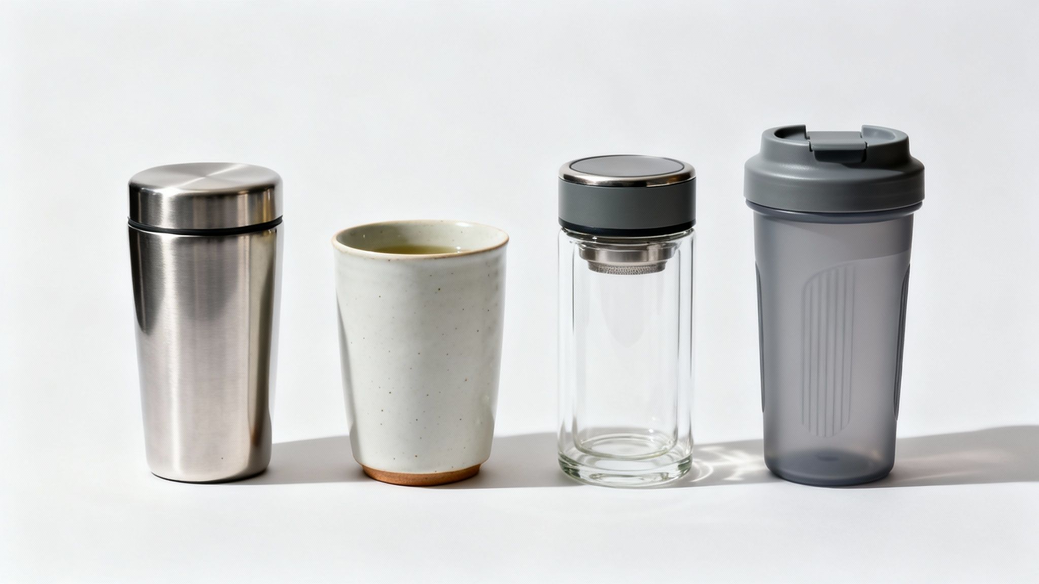 A close-up shot of different tea travel mugs made from stainless steel, ceramic, and glass, highlighting their textures.