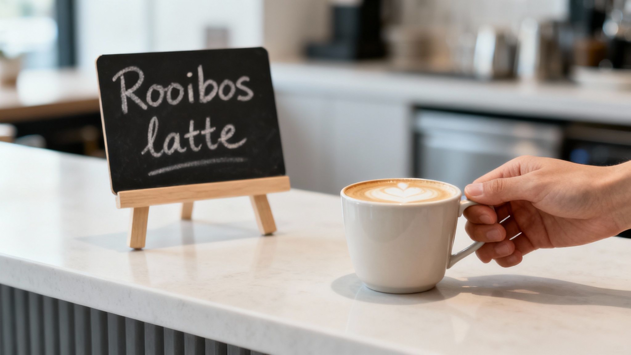 A person at a cafe counter confidently ordering a rooibos tea from a barista.