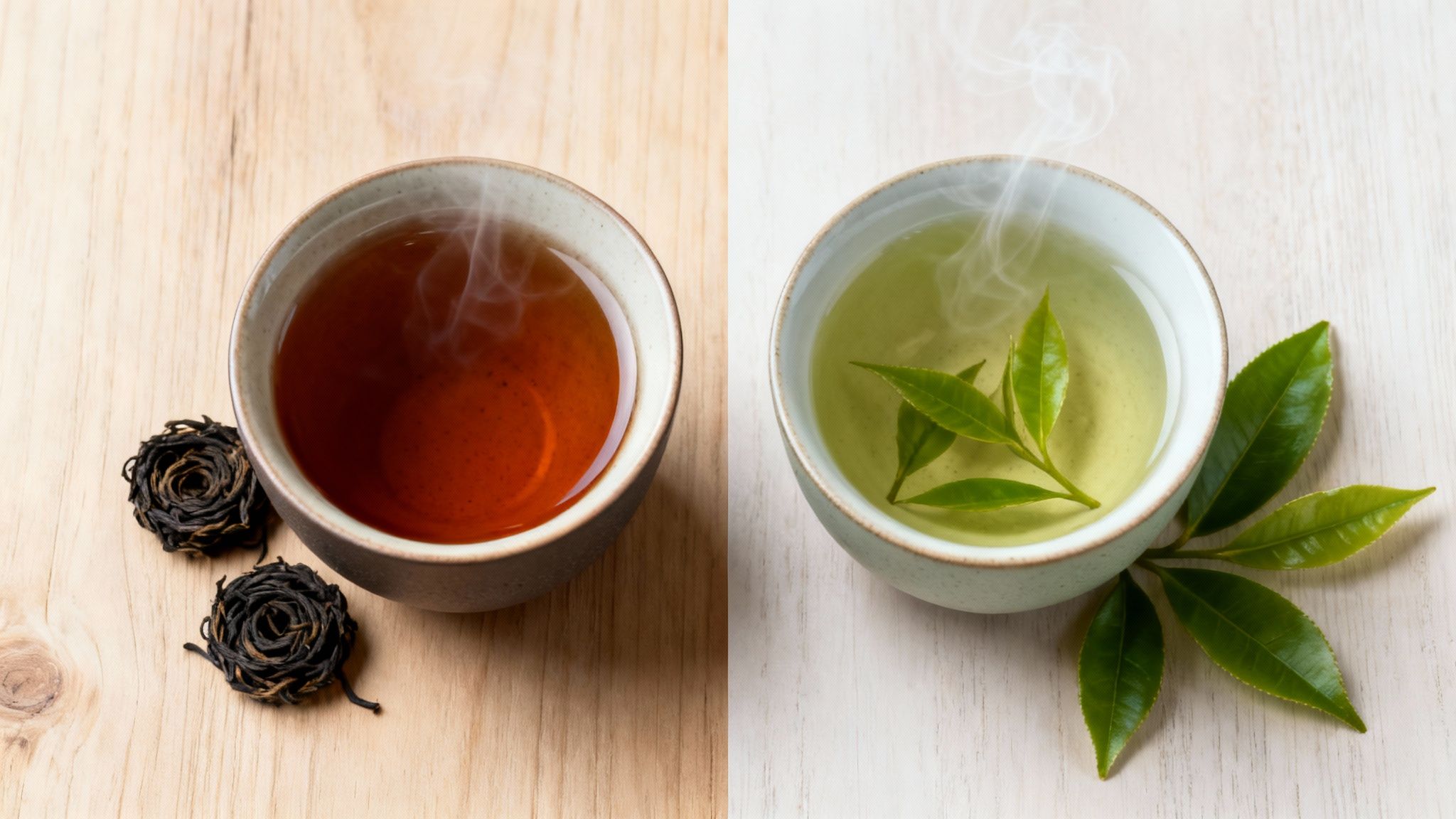Two steaming cups of tea, one black with dried leaves and one green with fresh leaves, on a light wooden background.