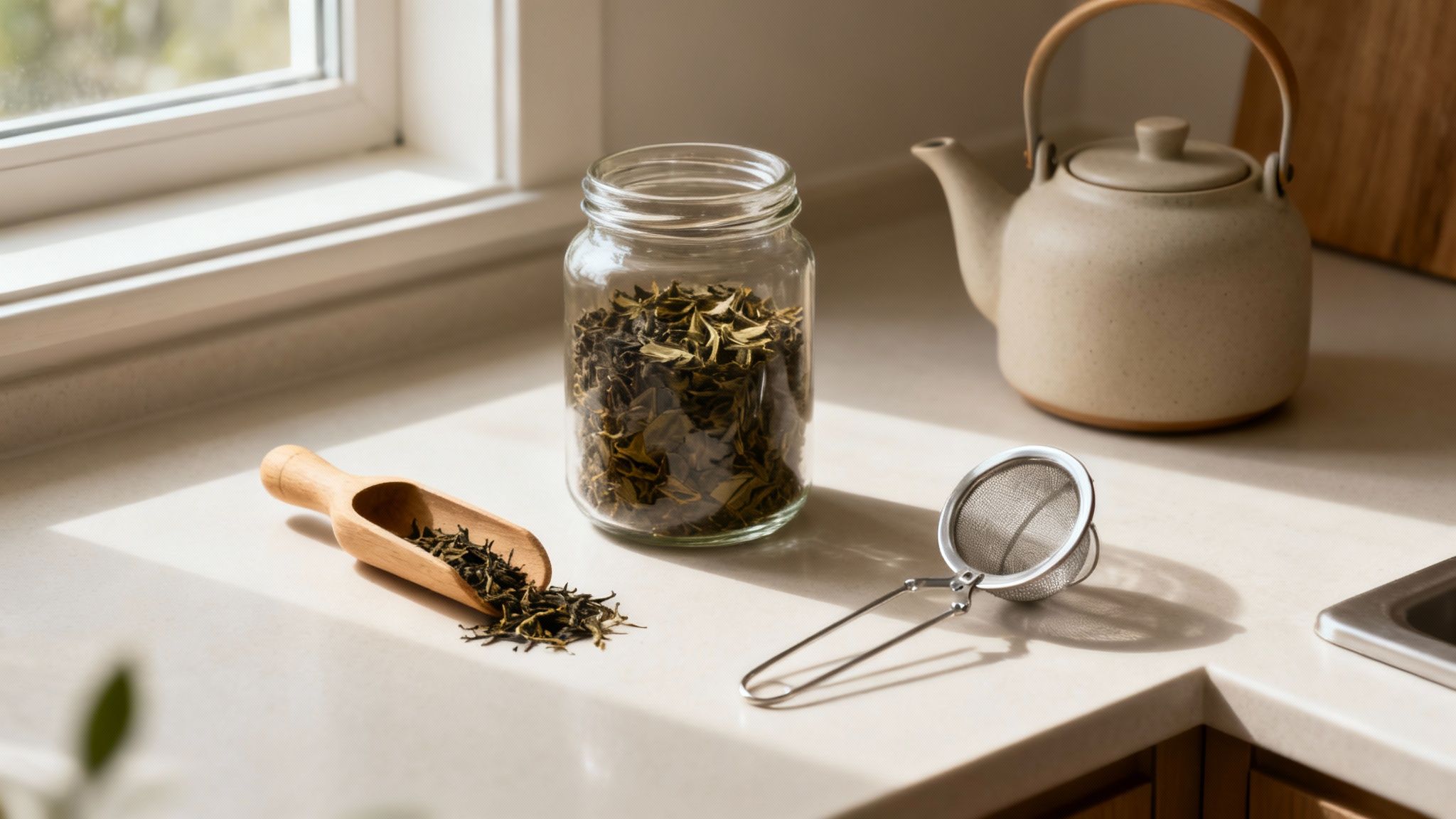 Loose leaf tea in glass jar with wooden scoop and metal strainer on bright counter